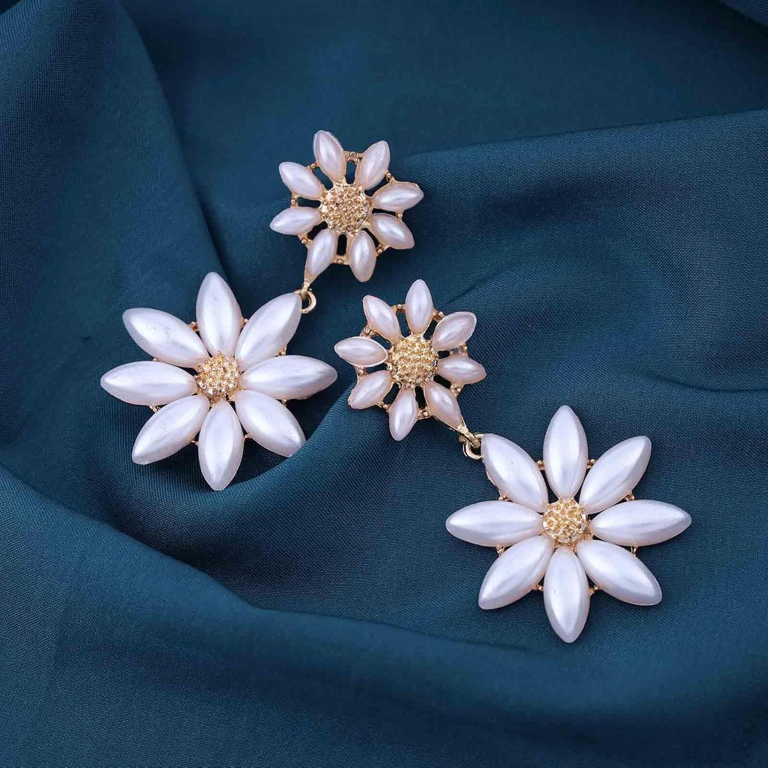 Vintage Flower Pearl Drop Earrings White Flower Dangle Earrings Large Flower Stud Earrings Pearl Wedding Flower Earrings Jewelry for Women - Image 4