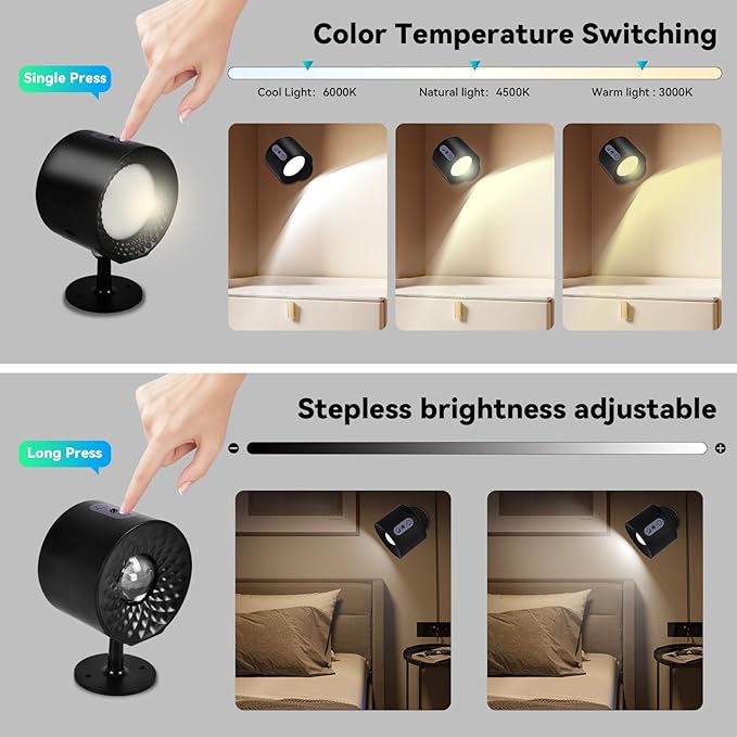Beinhome Wandlamp voor binnen, met afstandsbediening, 2 stuks, led-wandlamp zonder stroomaansluiting, batterij 2000 mAh, 360 graden draaibaar, touch-control, kleurmodi en helderheid, bedlamp, leeslamp voor photo 3
