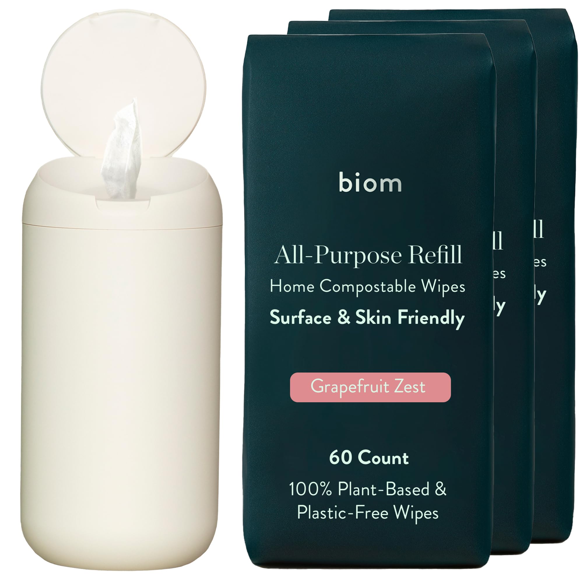 BiomBiodegradable All-Purpose Wipes Starter Kit - Eco-Friendly Refillable Cleaning Wipes | Plant-Based Surface Cleaner for Home | Kid & Pet Friendly Wet Wipes | All Natural & Non-Toxic (White)