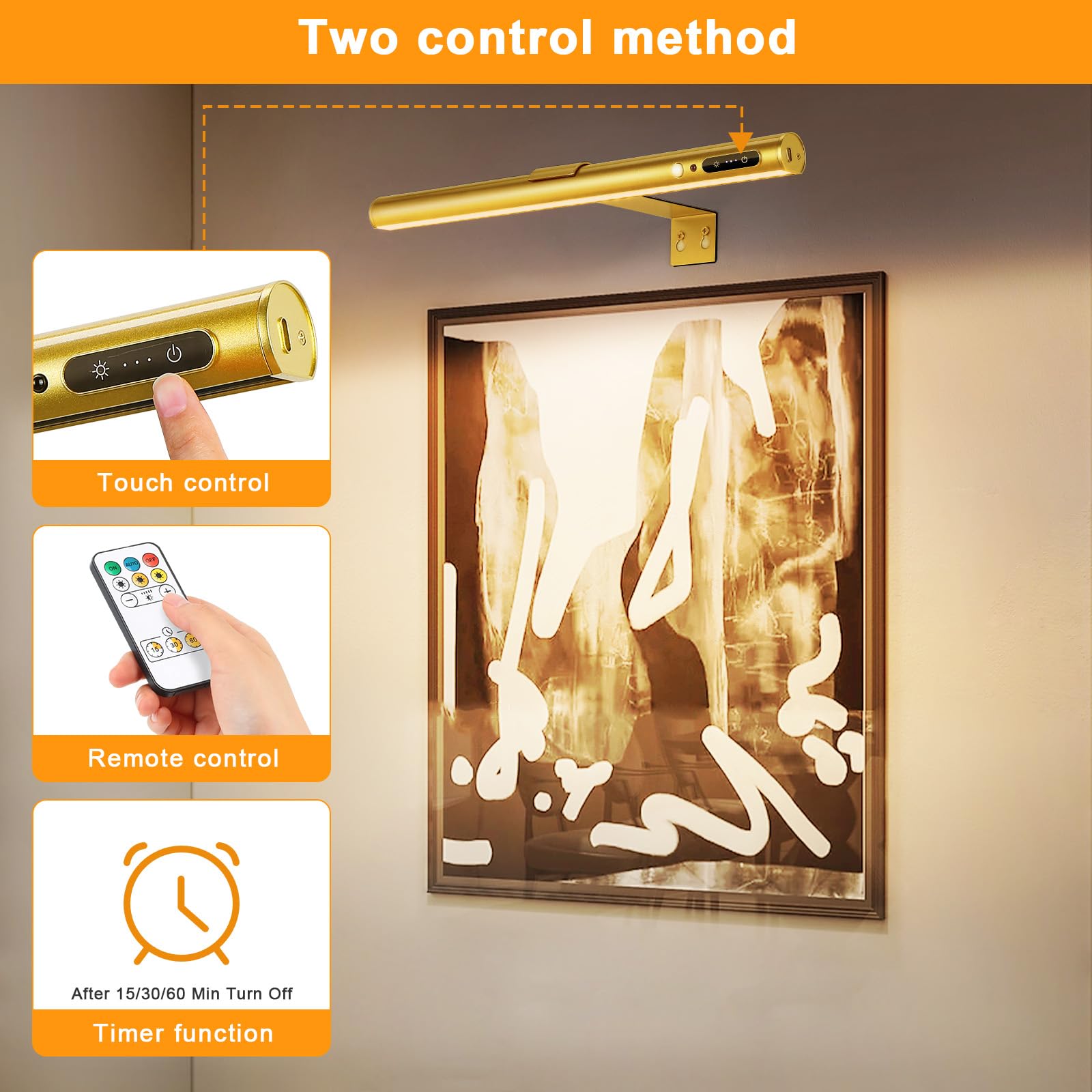 ENCOFT Applique murale pour tableau mural avec détecteur de mouvement 5000 mAh - Batterie rechargeable sans fil - Télécommande à intensité variable et 3 temps de couleur - 40 cm - Doré