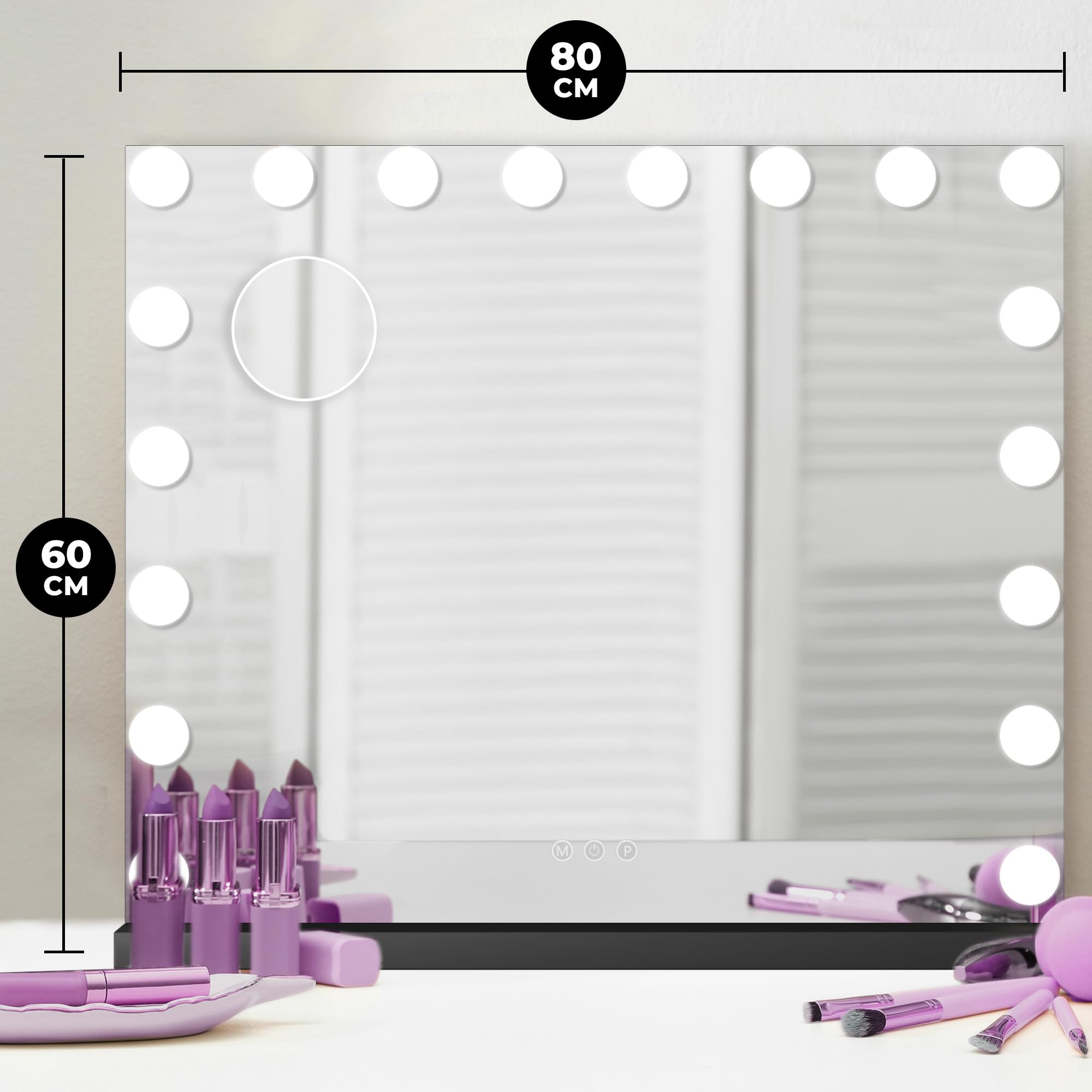 Bayt Miroir Maquillage Hollywood avec Éclairage 80x60 cm – Miroir LED Dimmable avec Grossissement 10x – Noir