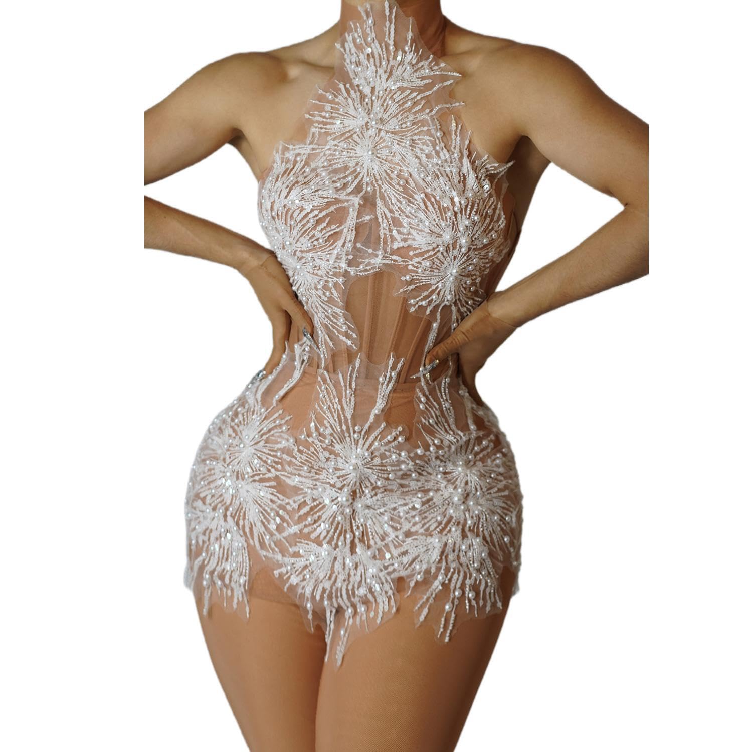 Photo 1 of CELESINYI Women's Sheer Mesh Sequin & Pearl Floral Bodycon Mini Dress Size Unknown