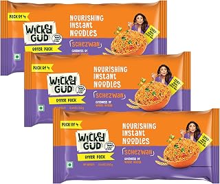 Wickedgud Whole Wheat Schezwan Noodles 240g (Pack of 4) x 3 | No Maida | No Palm Oil | Source of Protein Price In India