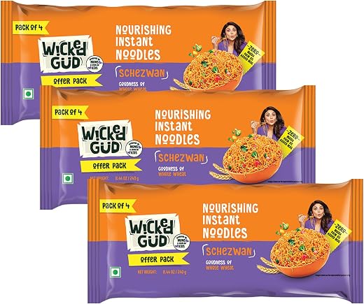 Wickedgud Whole Wheat Schezwan Noodles 240g (Pack of 4) x 3 | No Maida | No Palm Oil | Source of Protein