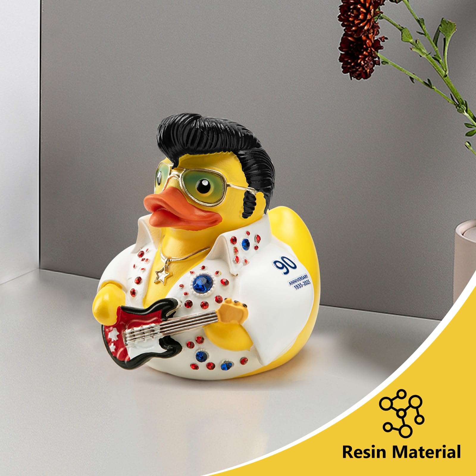 Elvis Duck Figurine, White Jumpsuit Design with Rhinestones, Decorative Collectible, 3.14 x 3.14 x 2.75 inches