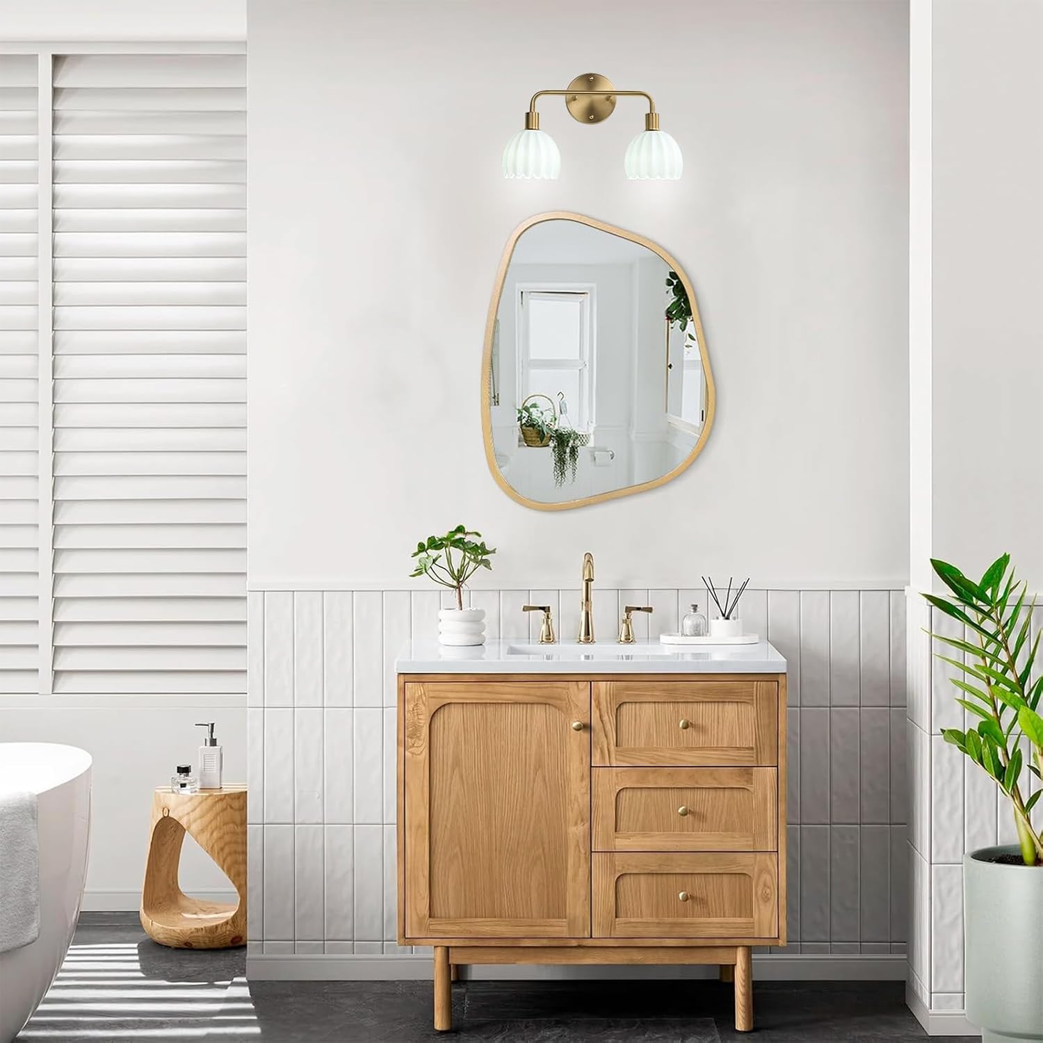 2-Light Gold Brass Bathroom Light Fixture,Wall Sconces,Brushed Gold Vanlity Light Over Mirror,Bathroom Vanity Light with Milk White Glass Flower Shade,E26 Socket(Bulbs Not Included)