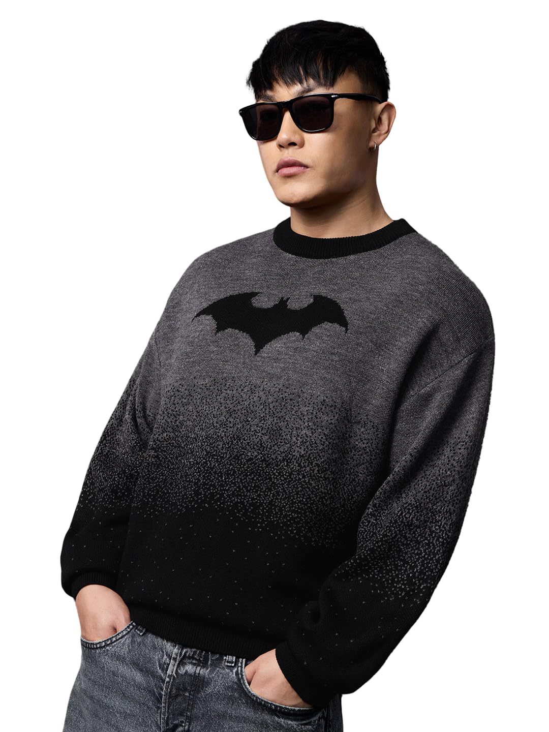 Batman: Gradient Logo Men and Boys Long Sleeve Round Neck Charcoal Grey and Black Gradient Knit Acrylic Oversized Fit Graphic Pullover Sweater-image-23