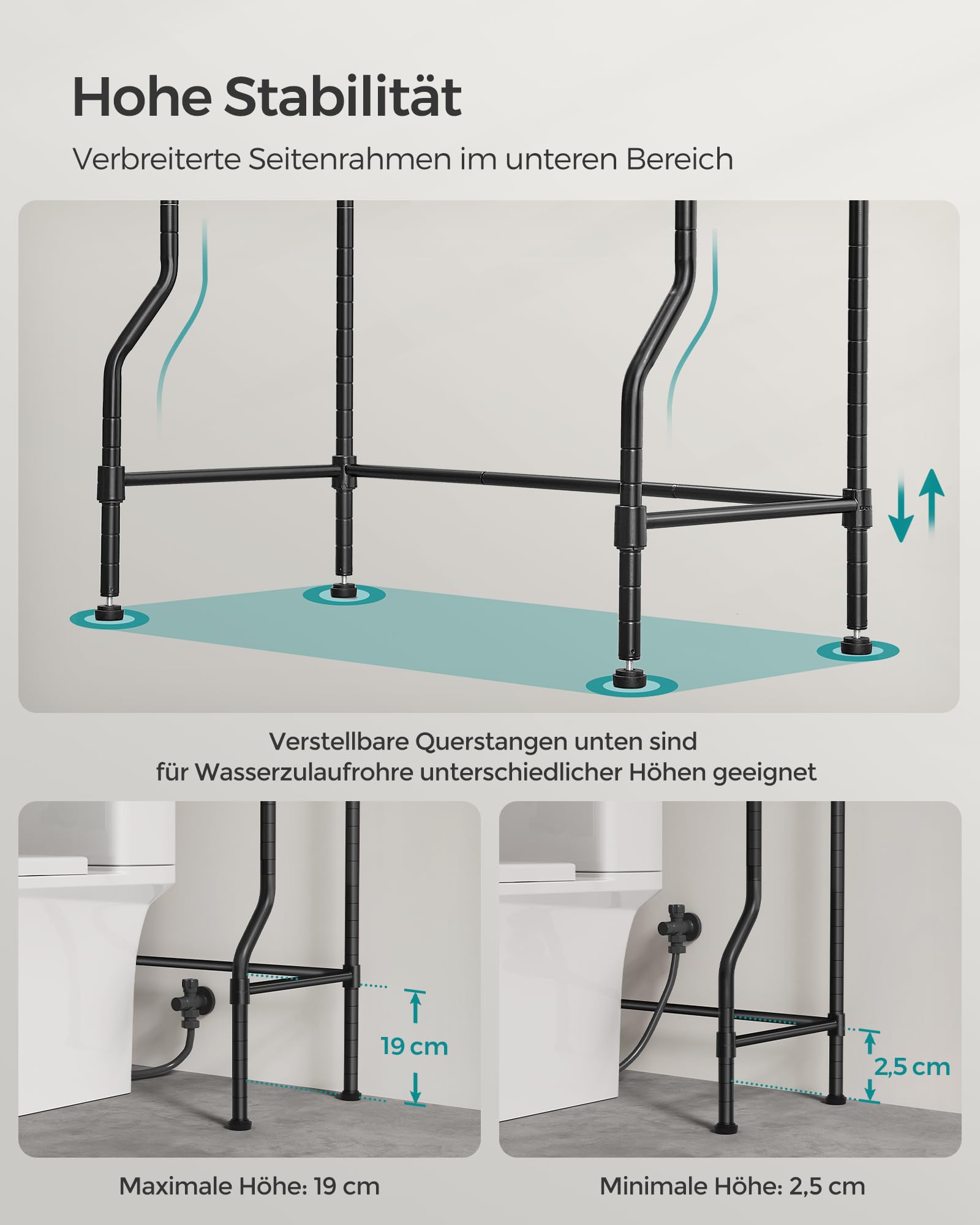 SONGMICS 4-stöckiges Toilettenregal, Badezimmerregal, Waschmaschinenregal, verstellbare Ablagen, mit Haken, Toilettenpapierhalter, platzsparend, 30 x 63 x 176 cm, schwarz BTS013B01
