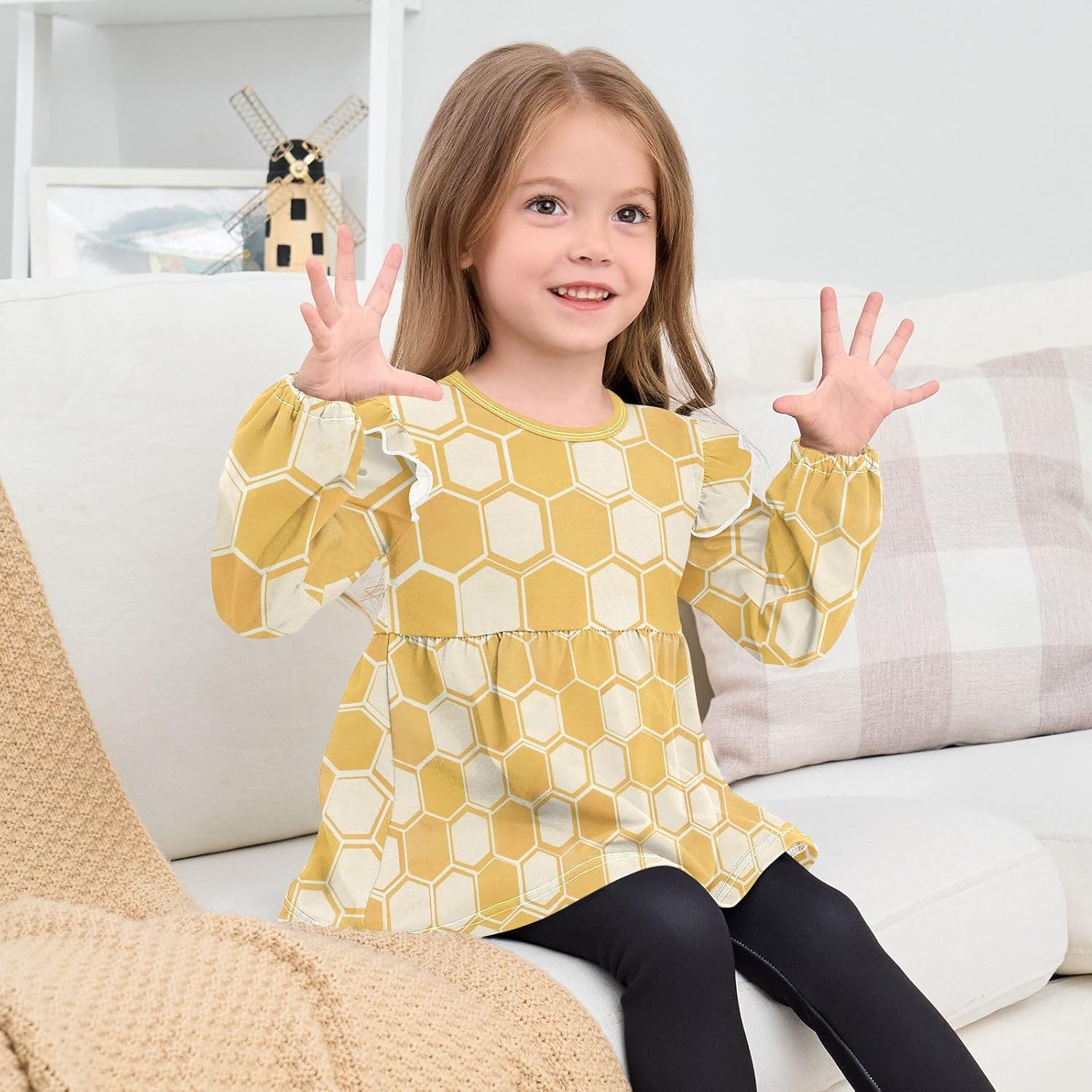 visesunny Toddler Clothes for Girls Geometric Honeycomb Pattern Long Sleeve Fall Shirts Cotton Top with Ruffle Collar