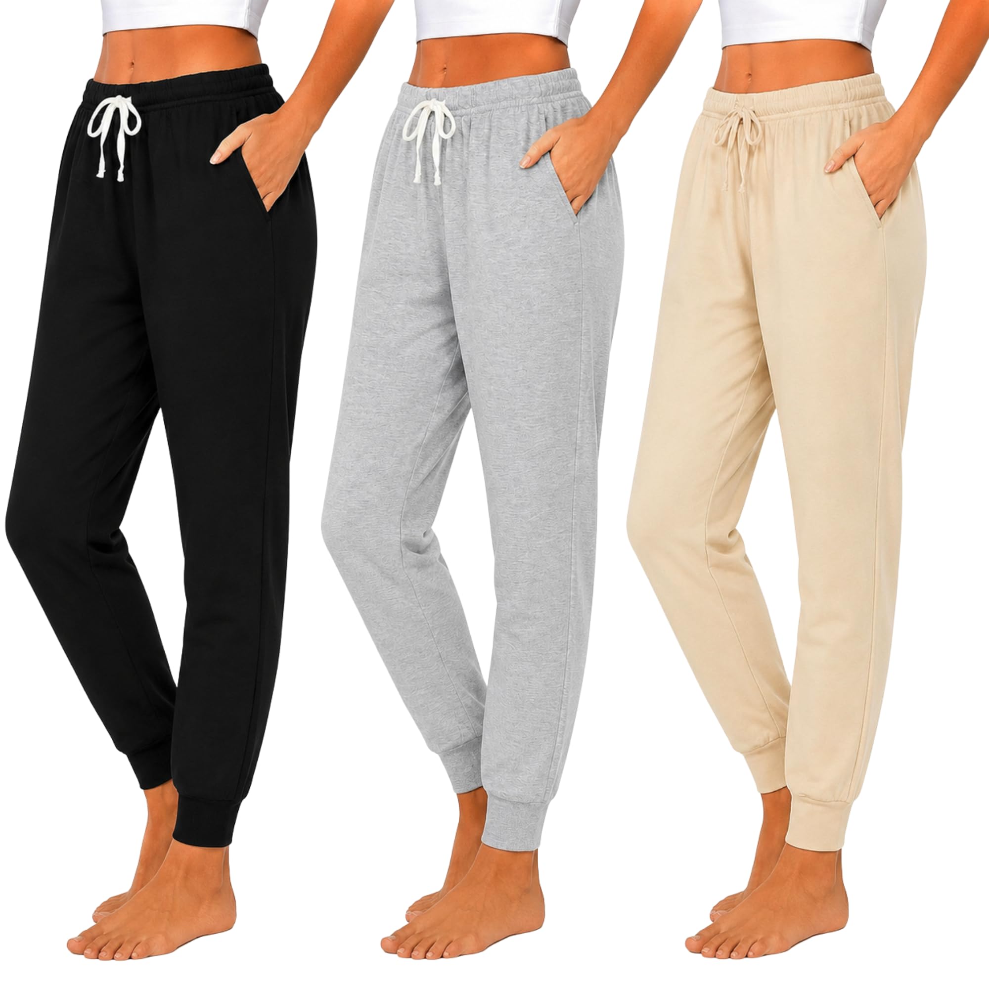 Essential Elements Womens 3 Pack 100% Cotton Joggers Lounge PJ Sweatpants