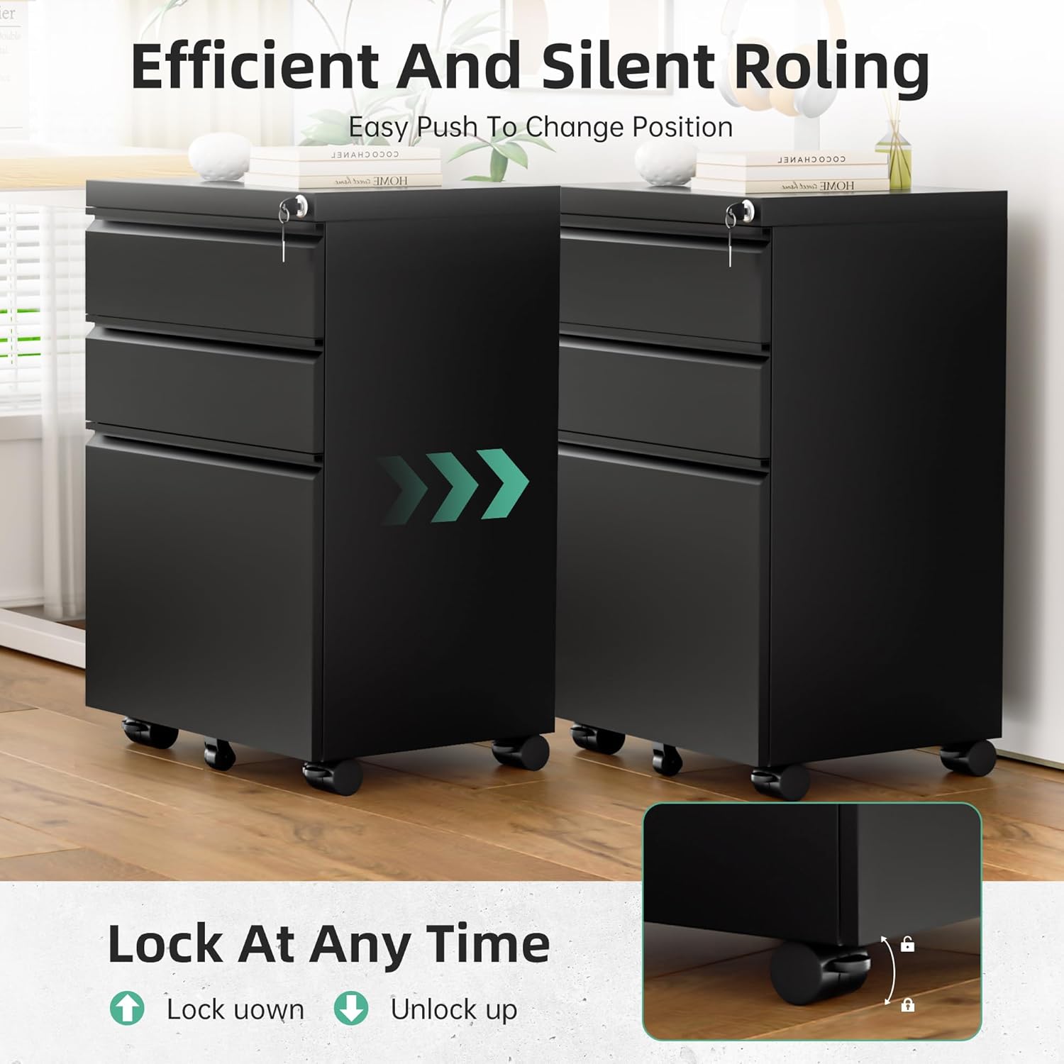 Bonusall 3 Drawer File Cabinet with Lock, Small Under Desk Filing Cabinet for Home Office, Fully Assembled Metal Rolling Storage Fits A4/Letter/Legal, Black