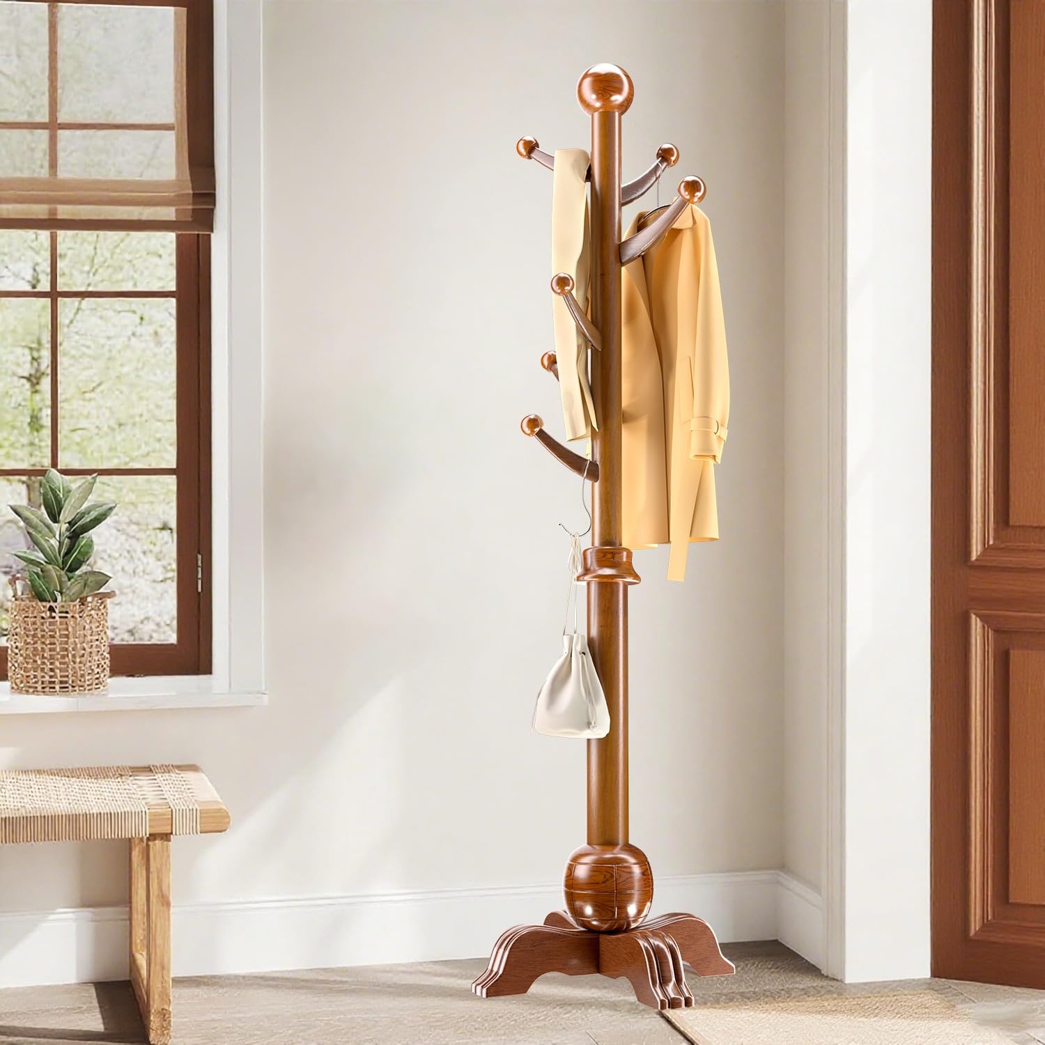 Perchero de Pie de Madera, Perchero de Pie en Forma de árbol, Árbol de Pasillo Regulable en Altura, Base Resistente, Perchero para Pasillo, Entrada, Hogar