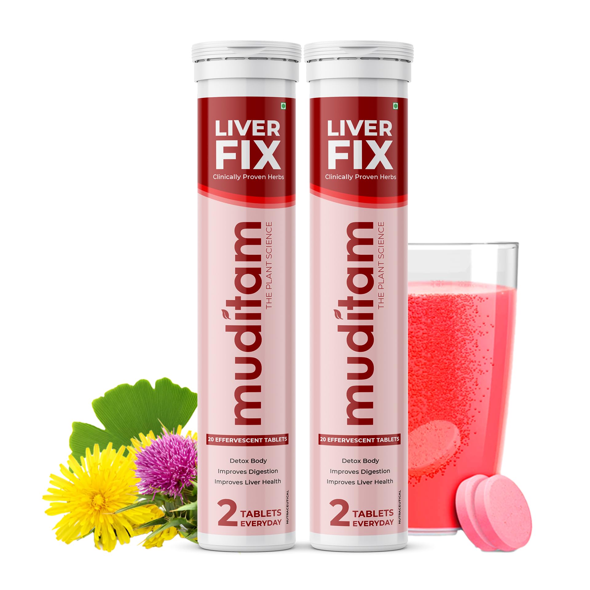 Muditam Ayurveda Liver Fix - Daily Liver Cleanser Drink 40 Tablets | Ideal For 20 Days | Liver Detox Ayurvedic | Milk Thistle Capsules For Liver in Effervescent form | Helps in Fatty Liver