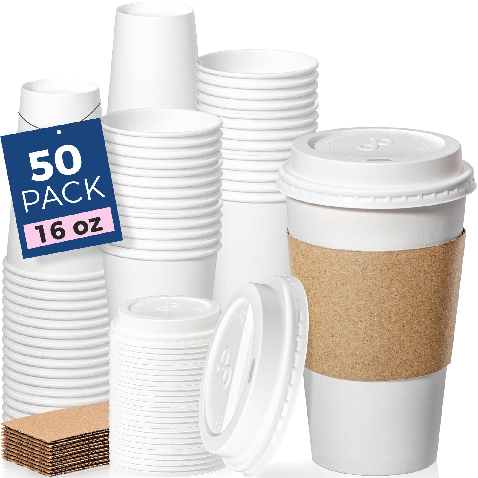 Fit Meal Prep 50 Pack 16 oz Disposable Coffee Cups with Lids, Sleeves, Leak-Proof To Go Coffee Cups with Lids, Durable Hot Paper Cups for Home, Office, Party, Business