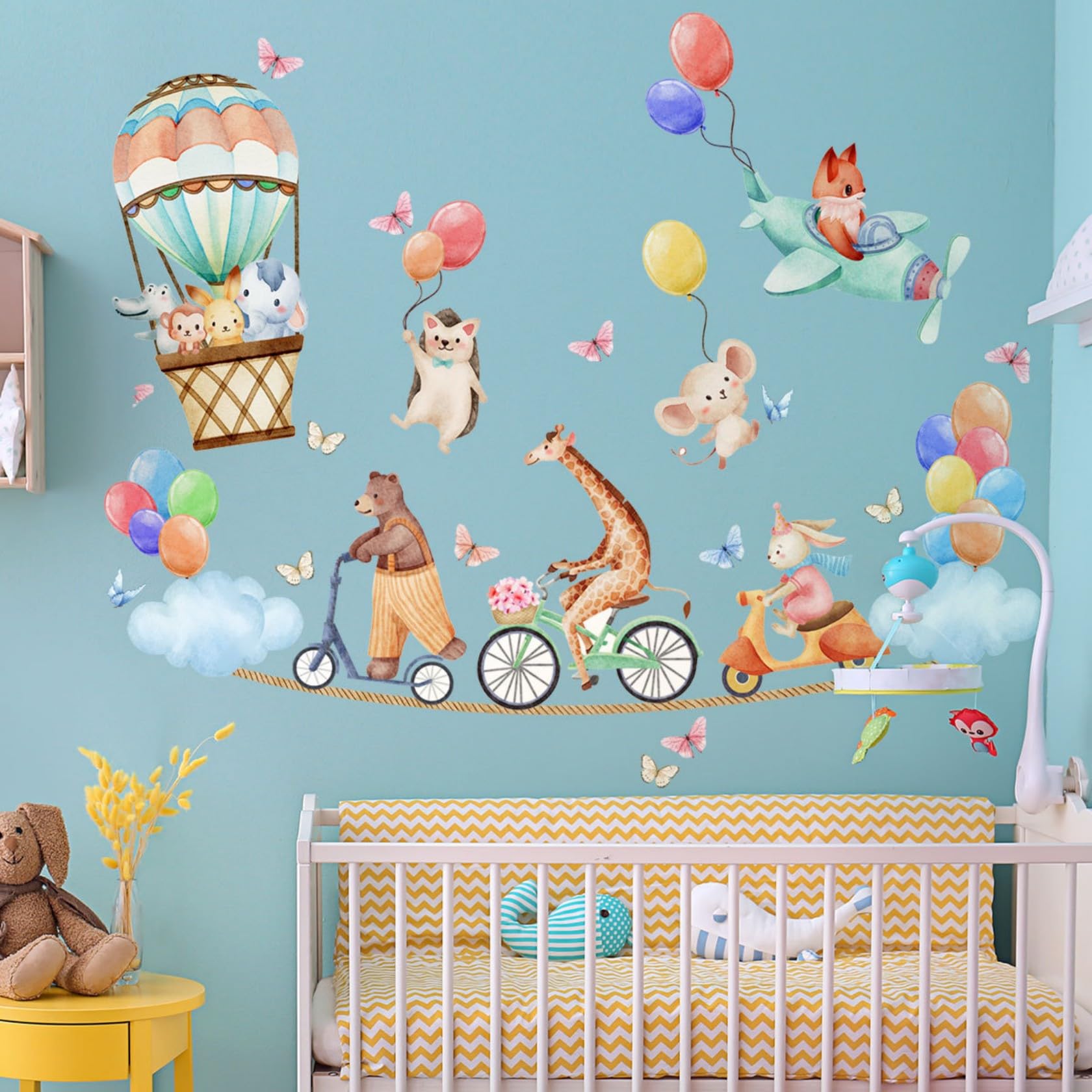 Lekabee Animals Wall Decals,Elephant Giraffe Rabbit Bear Balloon Clouds Wall Stickers Baby Nursery Kids Bedroom Living Room Wall Decor
