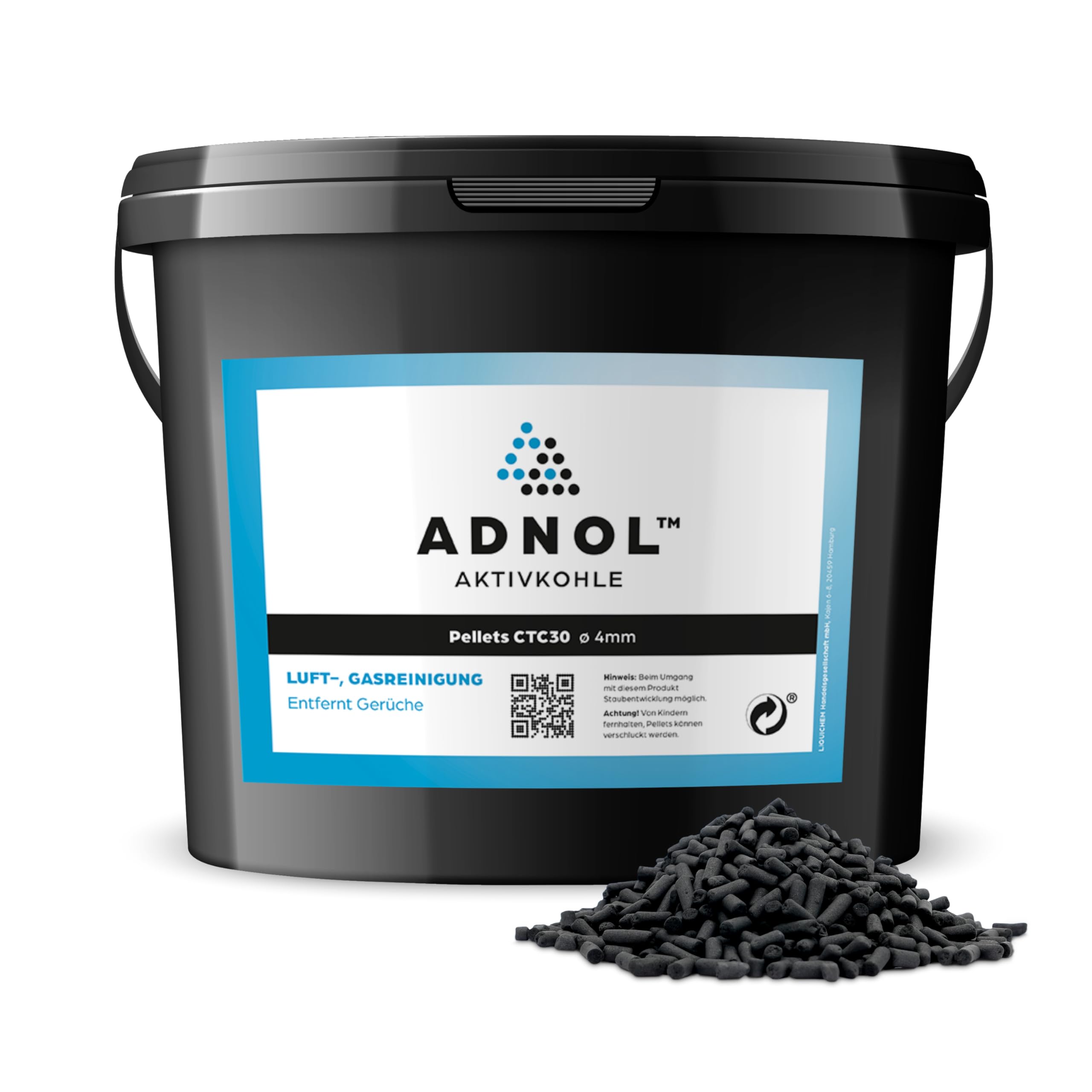 CTC30 Granulés de charbon actif 10 l pour la purification de l'air et le nettoyage du gaz, par exemple pour hottes aspirantes, diamètre 4 mm, classe énergétique A