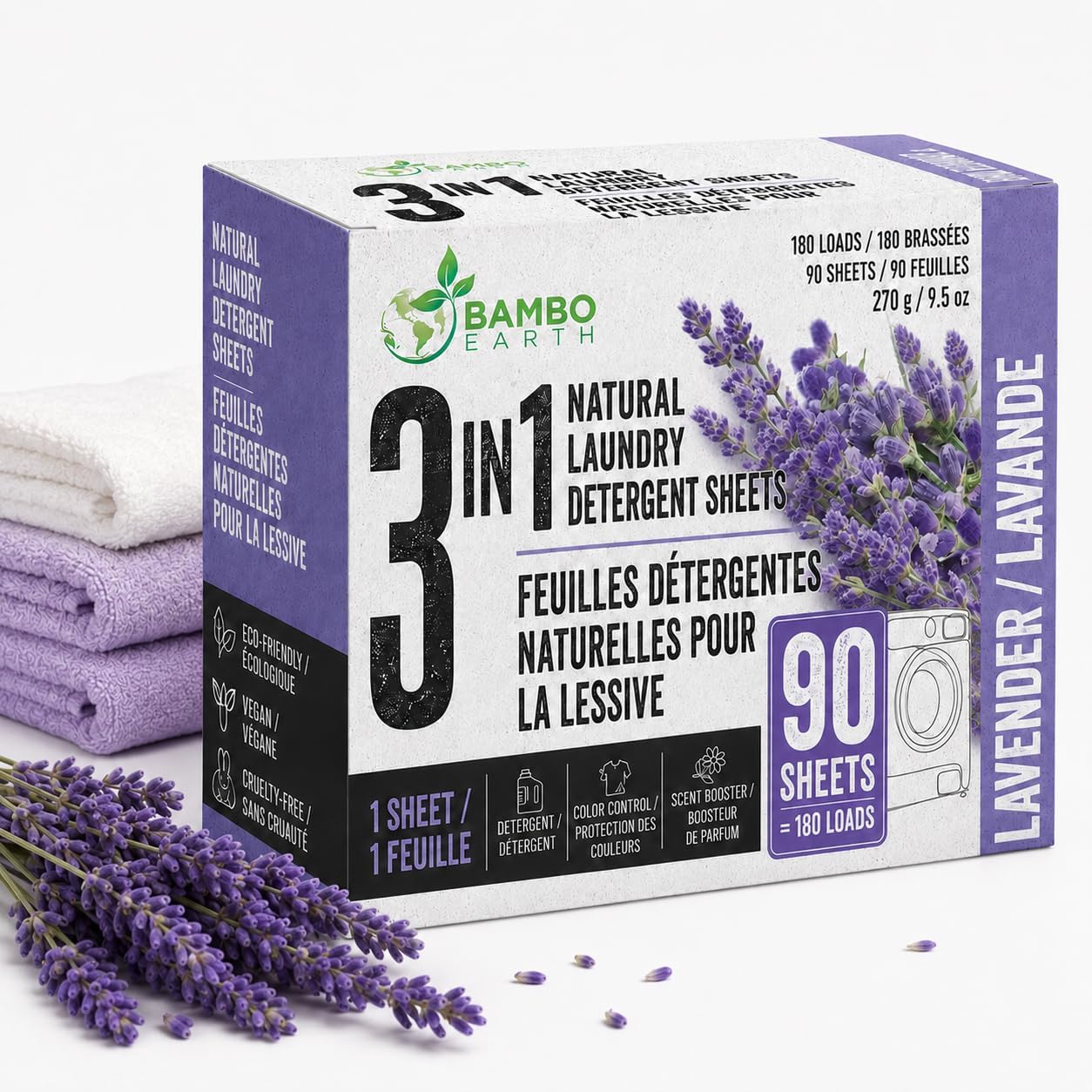180 Loads Natural Laundry Detergent Sheets - All Natural Biodegradable And Dissolvable Washing Machine Dry Soap Laundry Detergent Strips, Mess Free, Eco Friendly, 90 Sheet Pack (Calm Lavender)