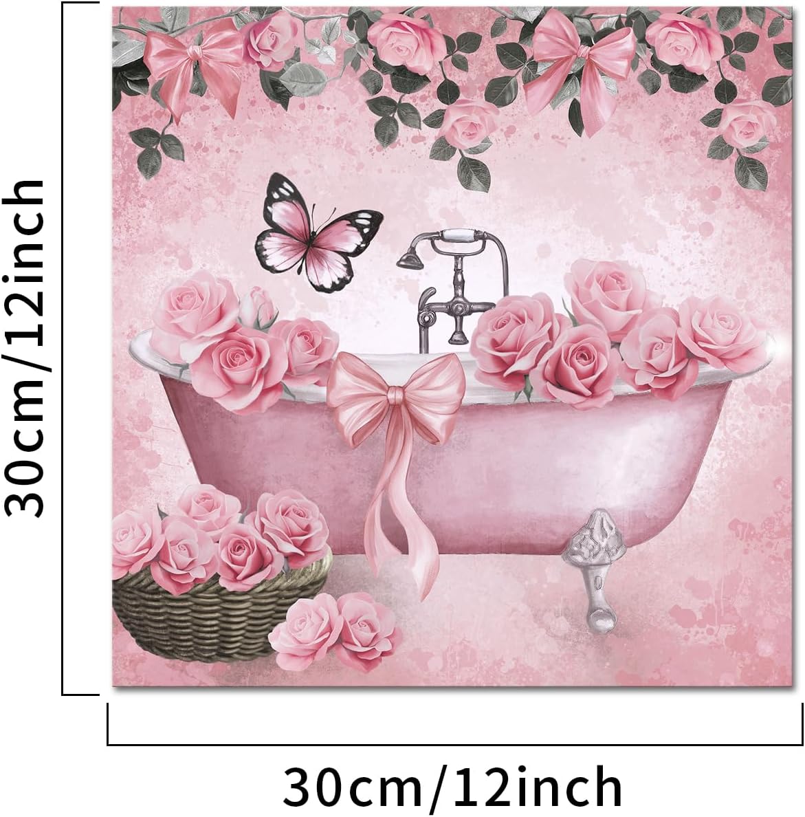 WELMECO Flower Bathroom Wall Art Cute Bows Rose Floral Painting Canvas Prints Teen Girl Bathroom Wall Decor,Framed 12x12inch (Pink)