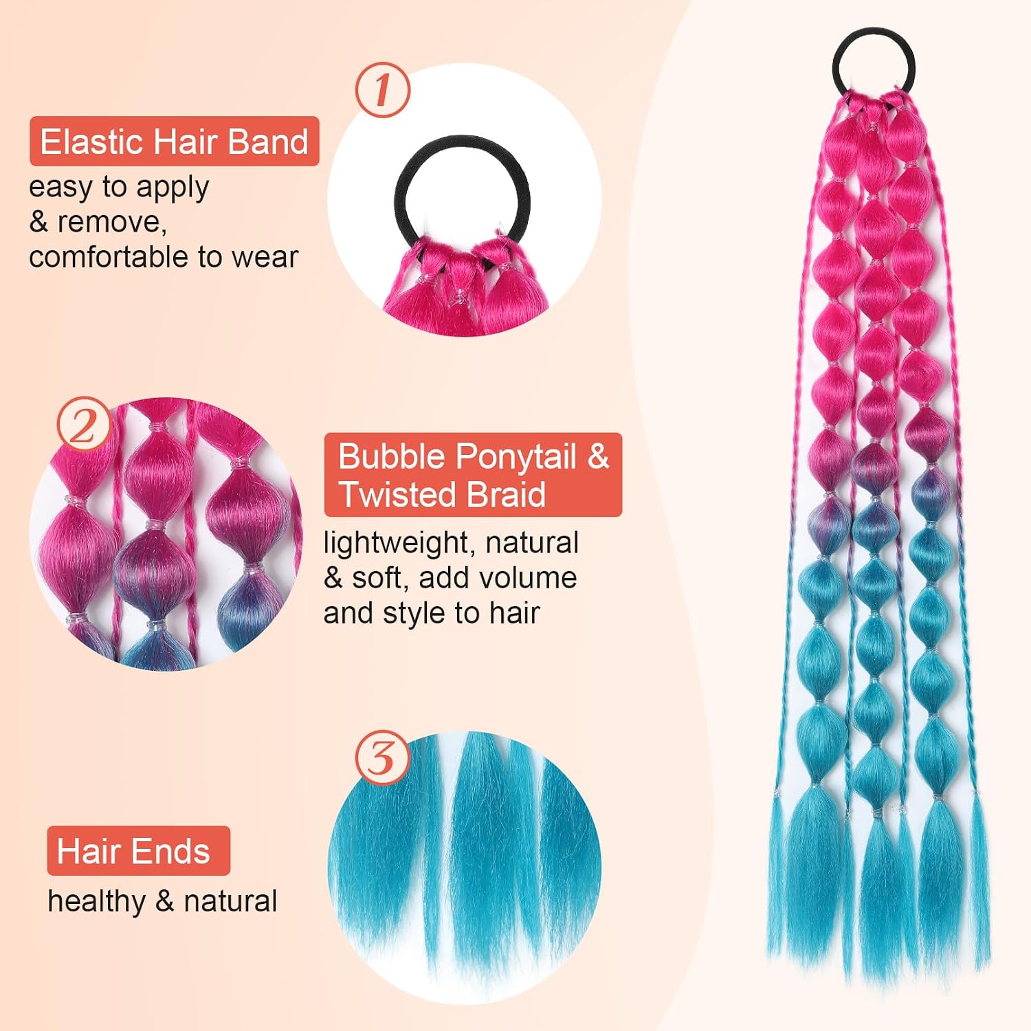 Colored Hair Extensions, Behufun 2Pcs 20" Lightweight Colored Hair Extensions for Kids Bubble Ponytail Extension with Hair Tie, Ombre Crazy Hair Day Accessories for Girls Festival Rave B41