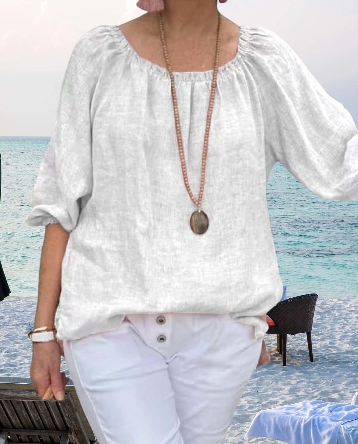 Summer Casual Womens Linen Shirt Round Neck Half Sleeve Linen Loose Pleated Tops Fashion Blouse T Shirt - Image 2