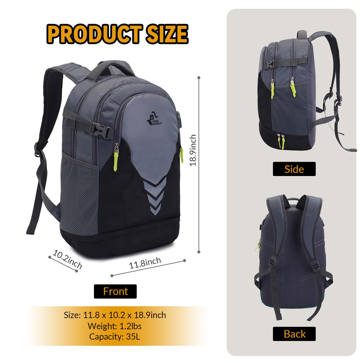 Bseash Sac à Dos de Basket-Ball athlétique léger de 35L, Sac à Dos de Gymnastique Multifonctionnel avec Compartiment pour Ballon au Fond, adapté au Ballon de Volley-Ball, de Football et de Soccer.
