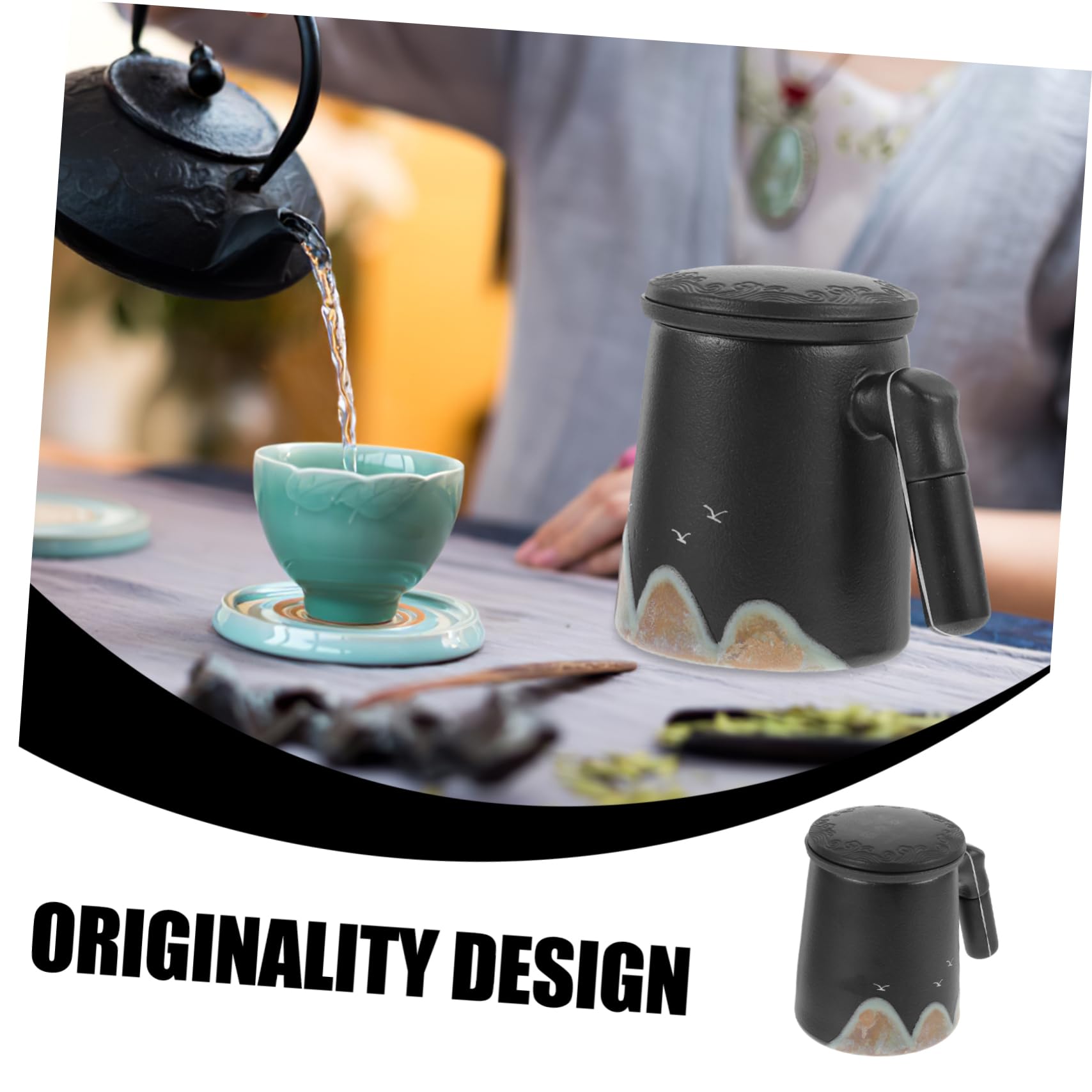 DECHOUS Tasse à Thé en Céramique 410ml avec Couvercle et Séparateur, Noire