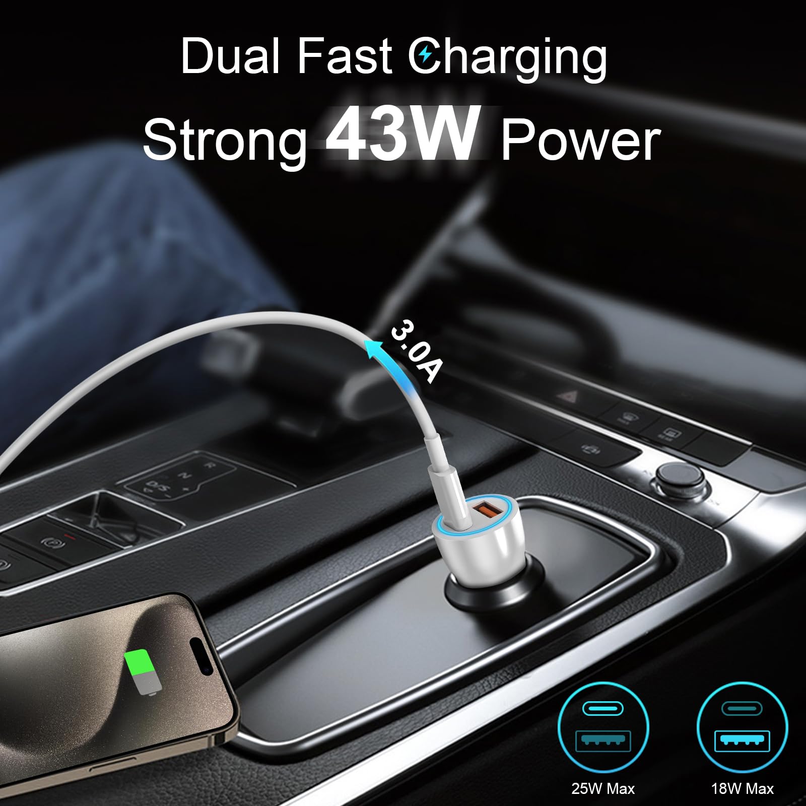 Ładowarka samochodowa do iPhone'a 15 [certyfikat MFi] 43 W podwójny port USB C adapter ładowarki samochodowej z kablem szybkiego ładowania USB-C na C do iPhone'a 15/15 Plus/15 Pro/15 Pro Max/14/13/12,
