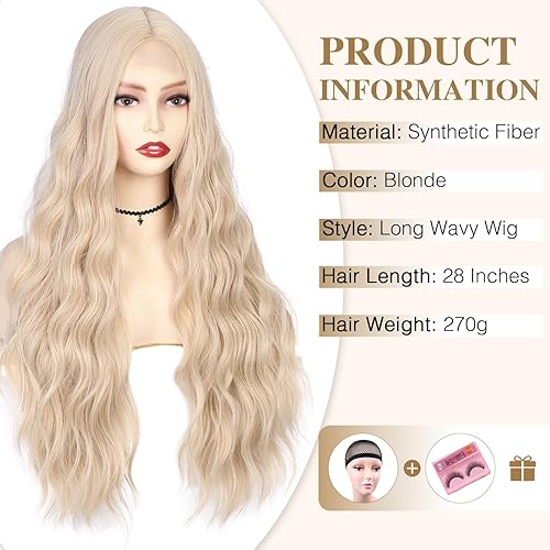 Miniatura 2 de Hanne Fashion Peluca larga ondulada rubia para mujer, parte media, peluca rubia platino, pelucas sintéticas para uso en fiestas, cosplay (rubio)
