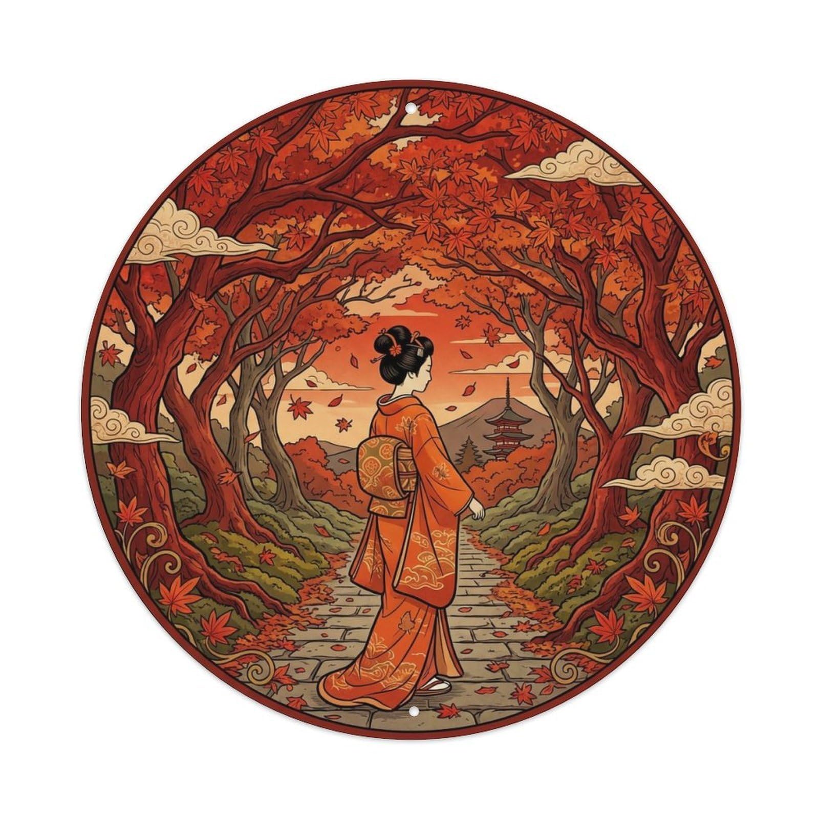 Japanese Elegant Lady Maple Tunnel Walking Timeless View Metal Tin Sign