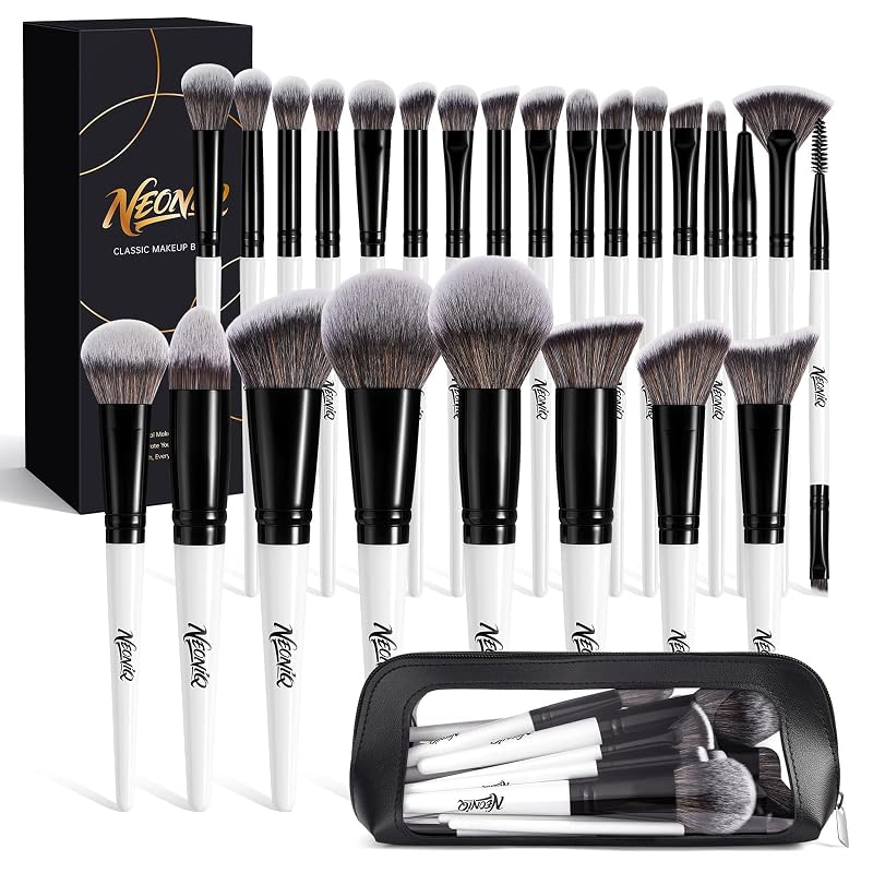 Kit de Pincéis de Maquiagem NEONIQ com 25 Unidades e Estojo de Viagem, Branco