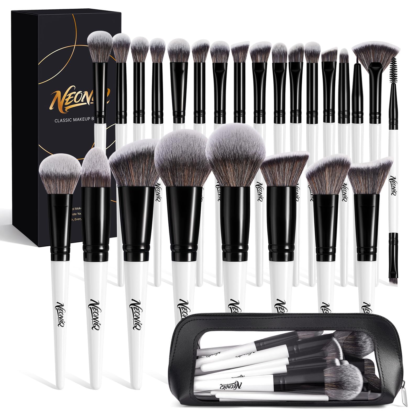 NEONIQ 25PCS Makeup Brushes Set with Travel Case, Professional Makeup Brush Kit for Foundation, Concealer, Powder, Eyeshadow & Blush, Essential Cosmetic Tools, Portable Travel Gift Set (White)