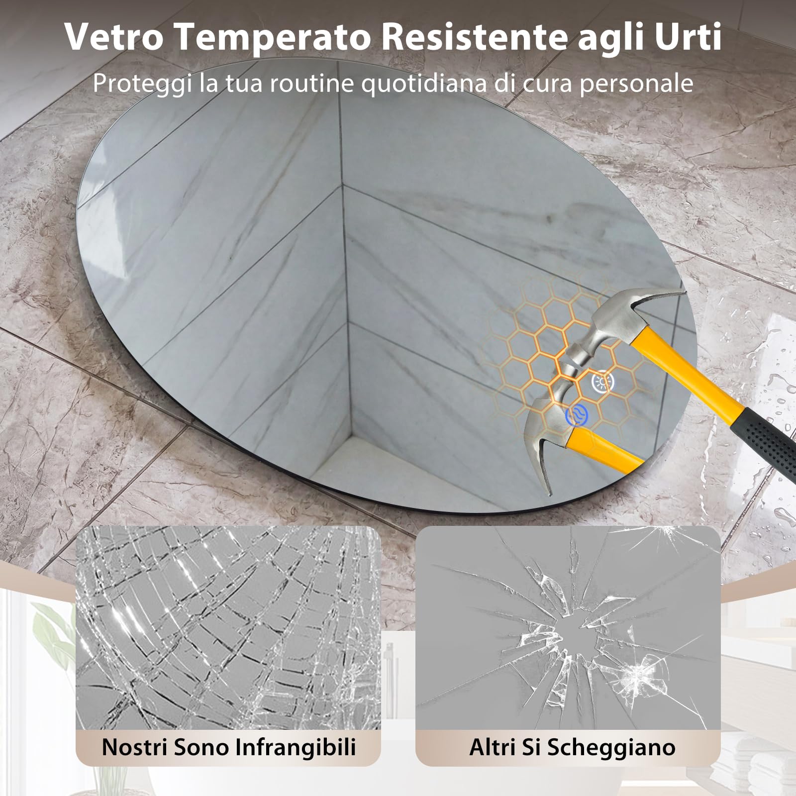 COSTWAY Specchio da Bagno Ovale 70 x 50 cm, Specchio Retroilluminato Bagno con Luce, Antiappannamento, 3 Colori di Luce Dimmerabili, Funzione Memoria e Vetro Temperato Infrangibile per Ingresso, IP44