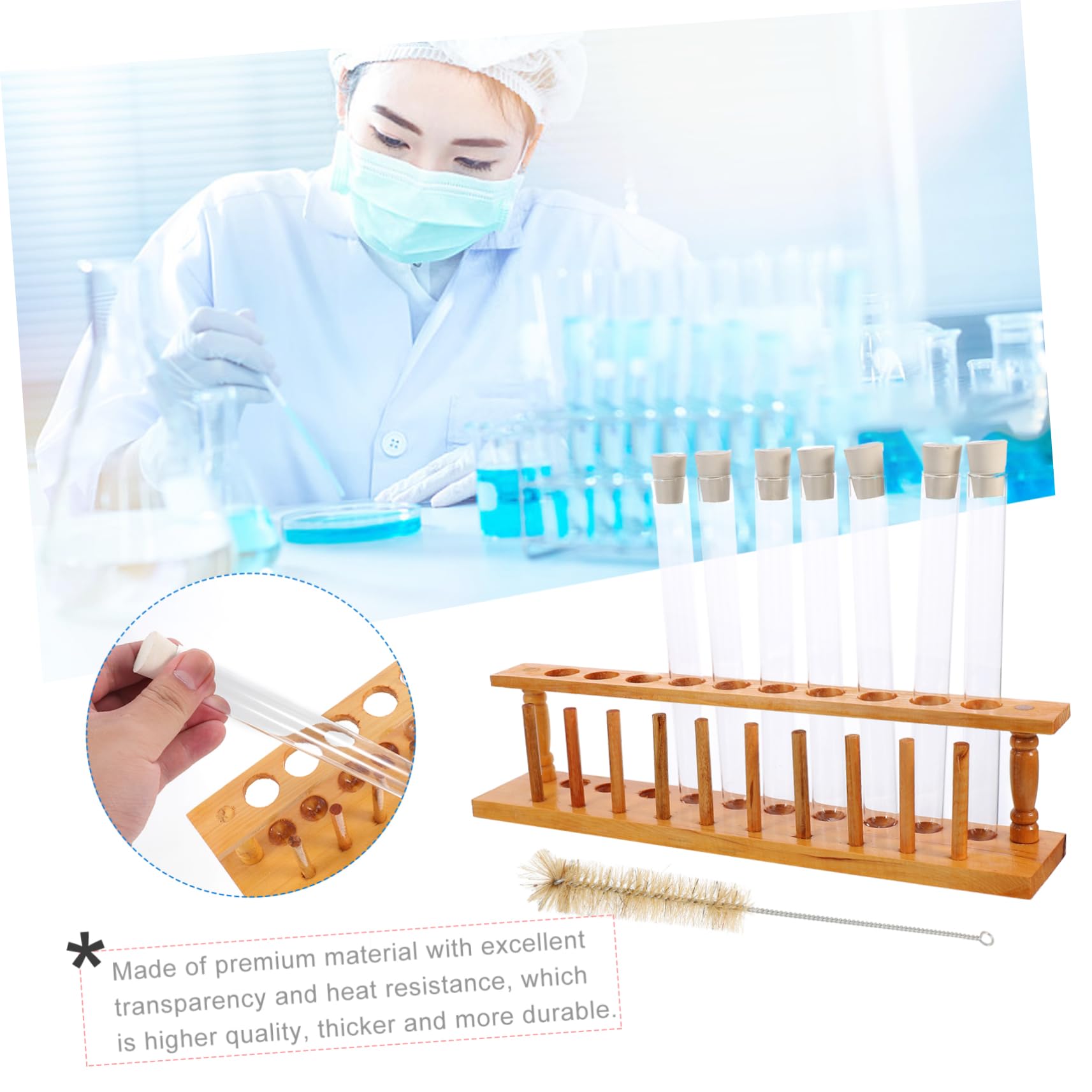 Set di Provette in Vetro con Tappi e Portaprovette in Legno per Esperimenti Scientifici Laboratorio e Attività Creative, Spazzola per Pulizia Inclusa