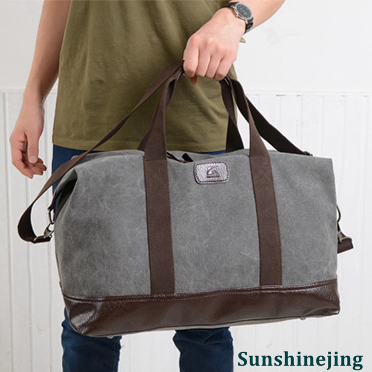 Travel Duffle Bag Canvas Leather Gym Weekend Bag (Grey) - Image 2