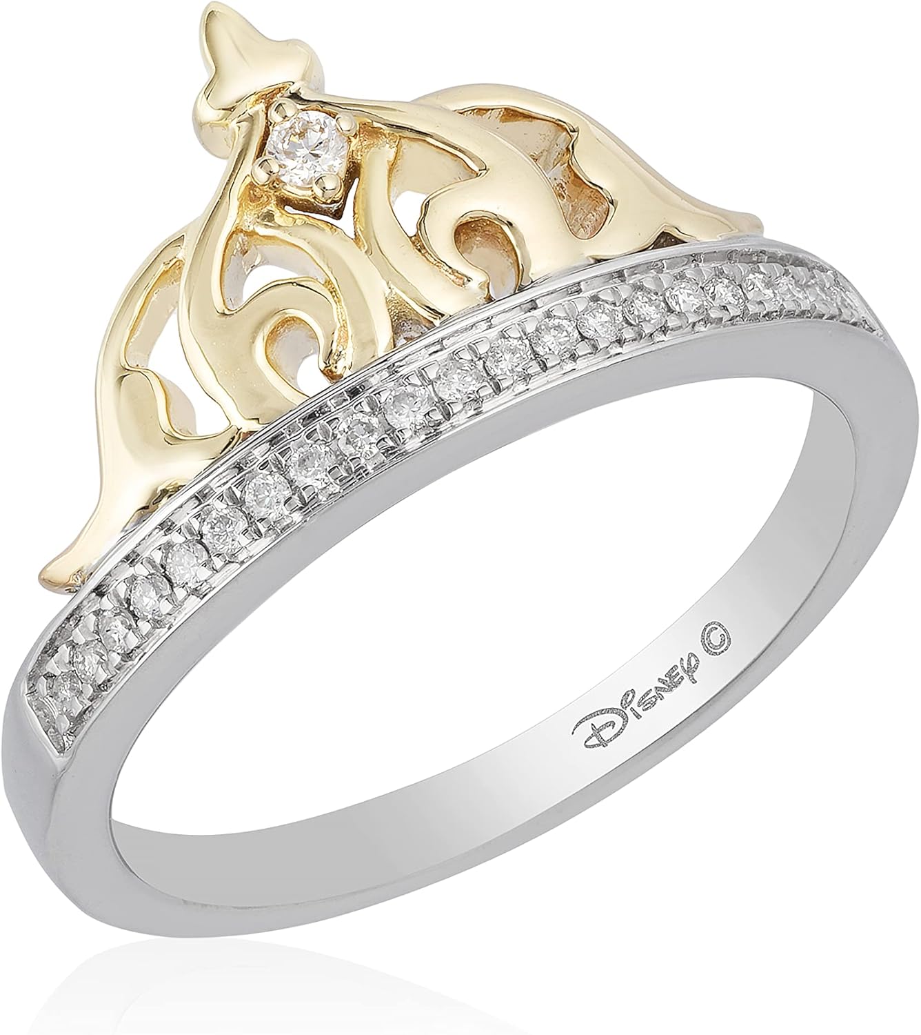 Jewelili Enchanted Disney Fine Jewelry Sterling Silver and 10K Yellow Gold 1/10 Cttw Diamond Jasmine Tiara Ring
