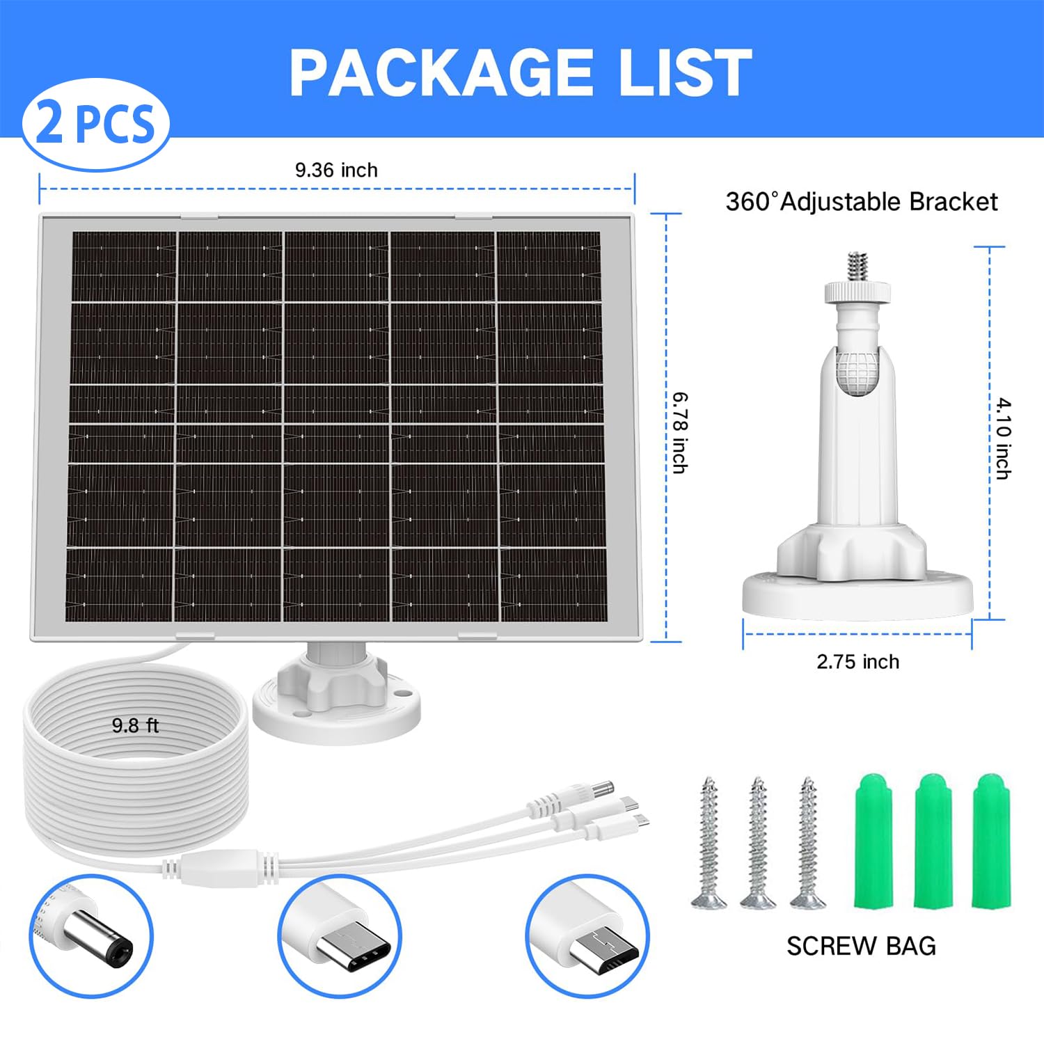 Pannello solare da 8 W per telecamera di sorveglianza, batteria esterna, pannello solare IP65 con 3 in 1 USB‑C/Micro/DC, con supporto a 360° e cavo da 3 m, modulo solare 5 V compatibile con fotocamera