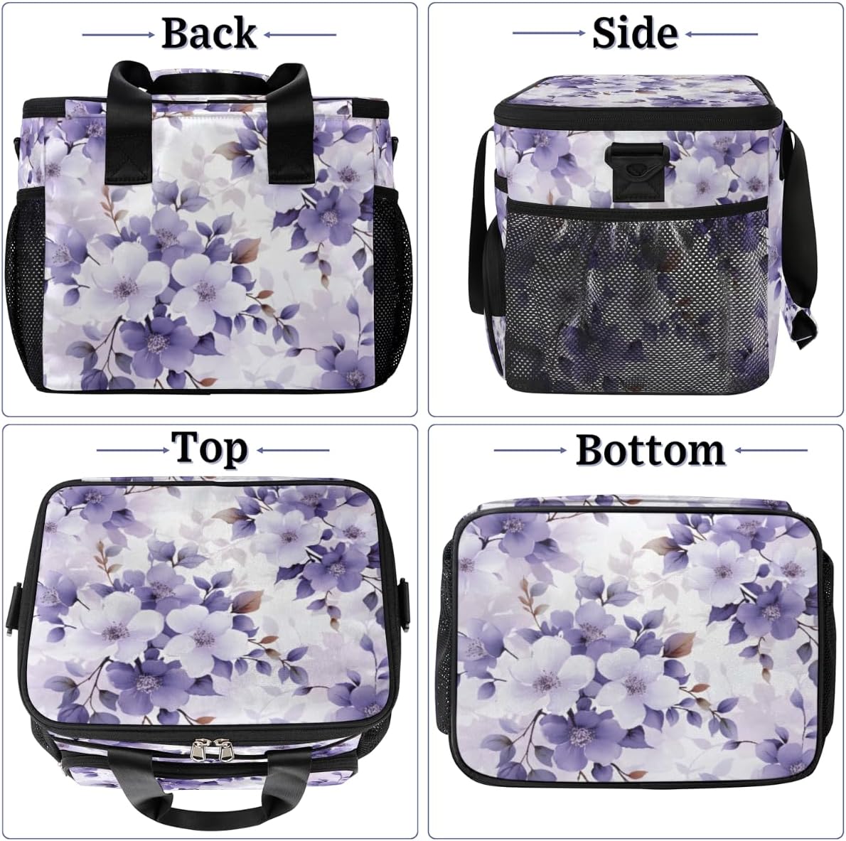 Florals Insulated Picnic Backpack Lunch Box for Women Men Picnic Basket Tote Lunch Bag Picnic Bag Portable Lunch Bags for Picnic, Beach, Work, Trip,Office, Camp Beautiful Flowers Purple