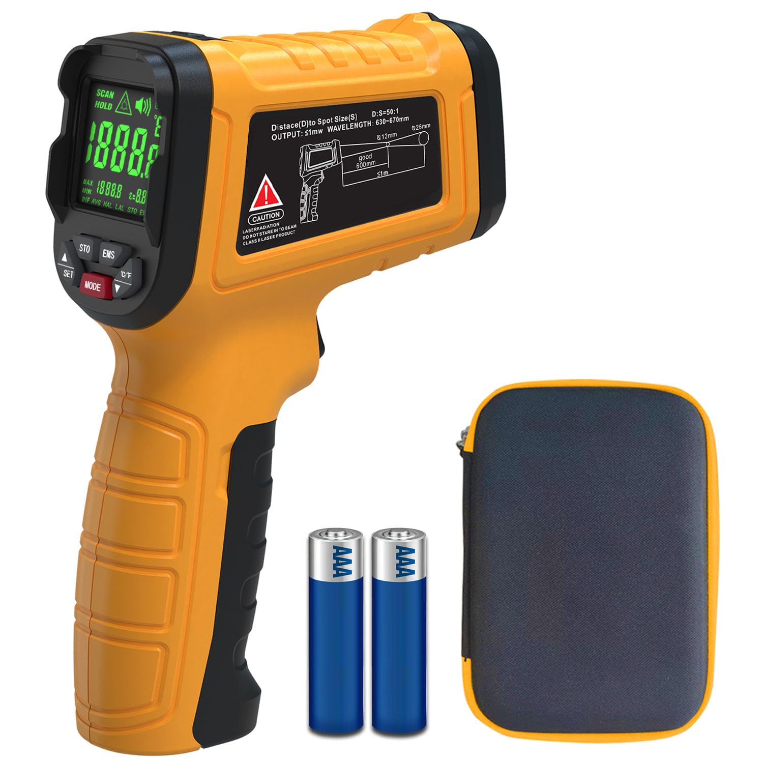 BSIDE H3 Thermomètre Infrarouge Haute Température -58℉~2552℉(-50℃~1400℃) 50:1, Pyromètre avec LCD Couleur Mémoire Pistolet de Température Laser Sans Contact pour HVAC Industrie Four Forge Fonte Pizza