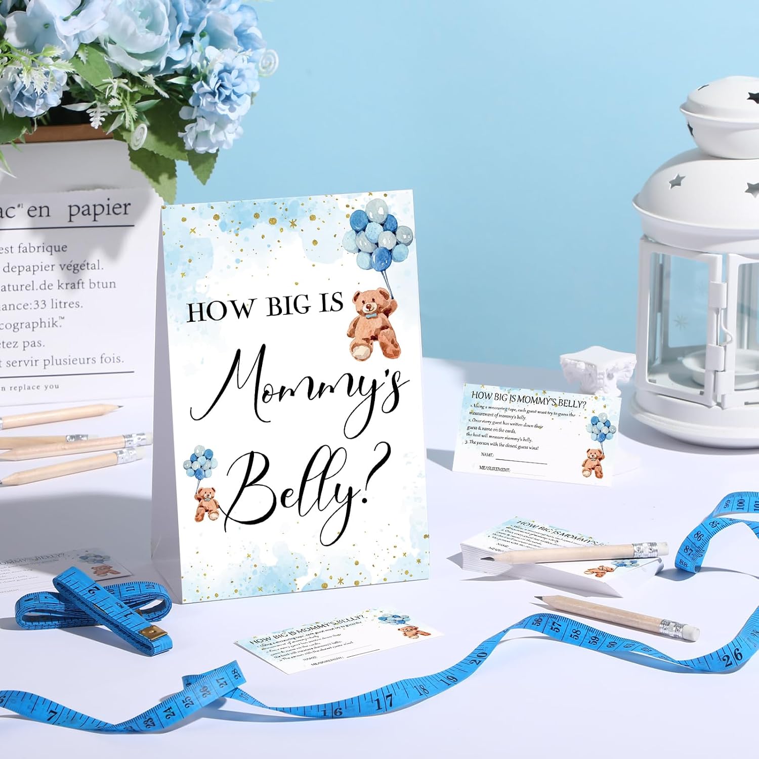Sabary 64 Pcs Baby Shower Games Measure Mommy's Bump,Bear,Blue