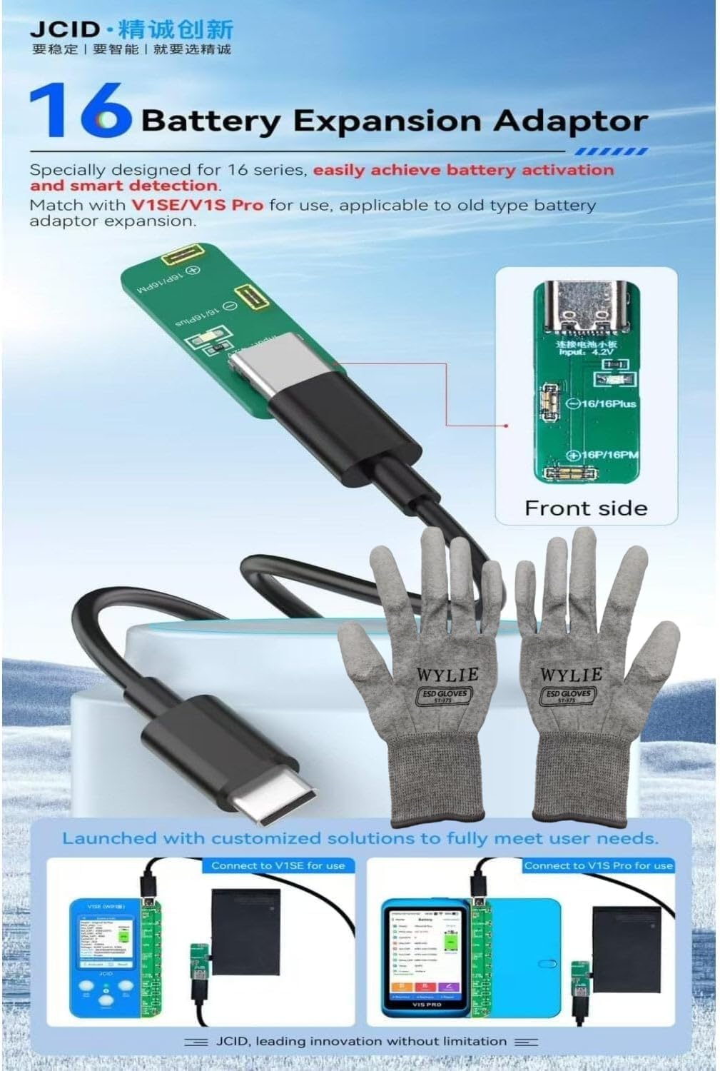 JC Battery Expansion Adapter Compatible with iPhone 16 Series JC Programmer Professional Phone Repair Kit with WYLIE ESD Gloves Screen Opener 10 Pack