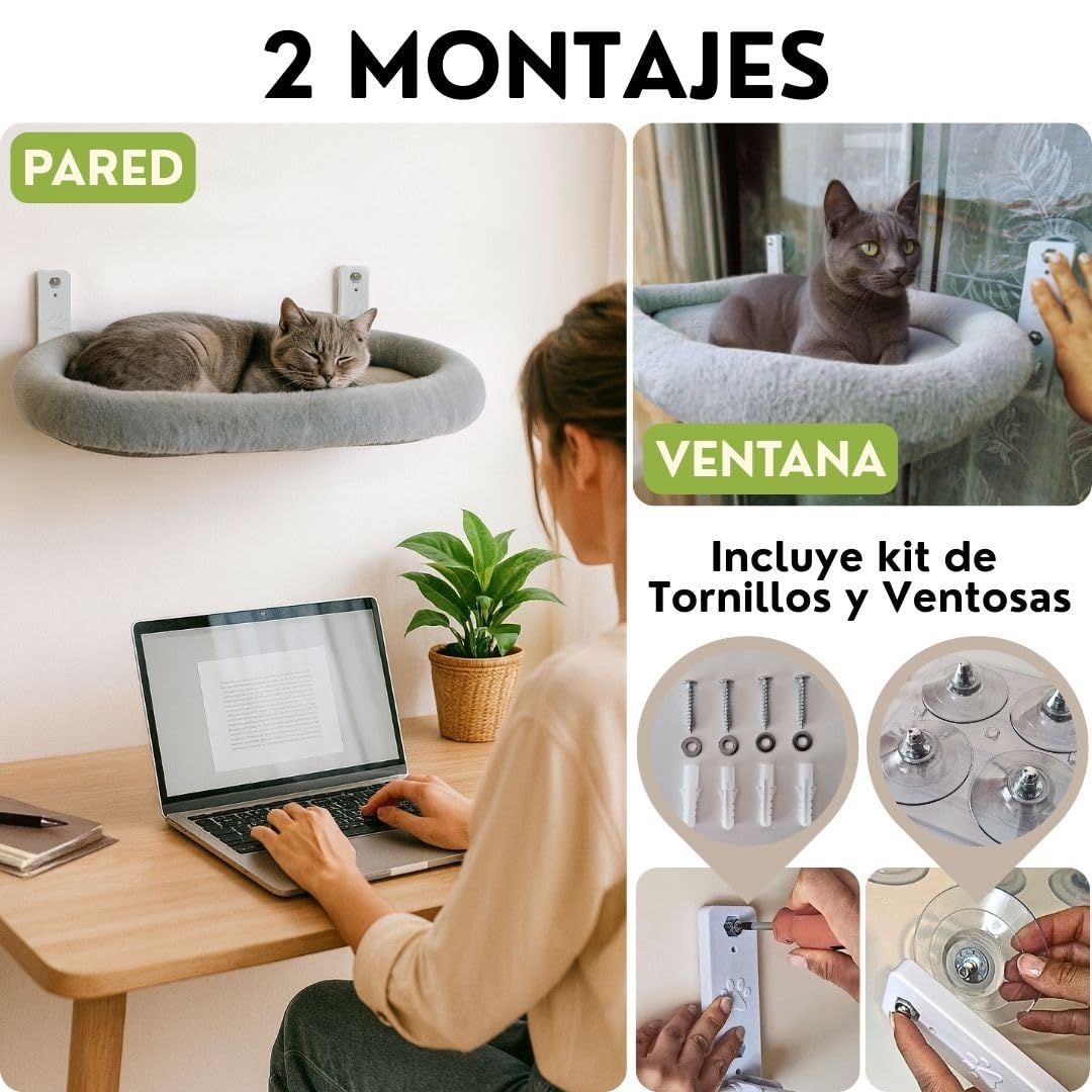 Hamac avec fenêtre pour chat avec coussin et housse pour chat + montage mural | Lit fenêtre pour chats jusqu'à 18 kg réversible été hiver | Lit chat gris
