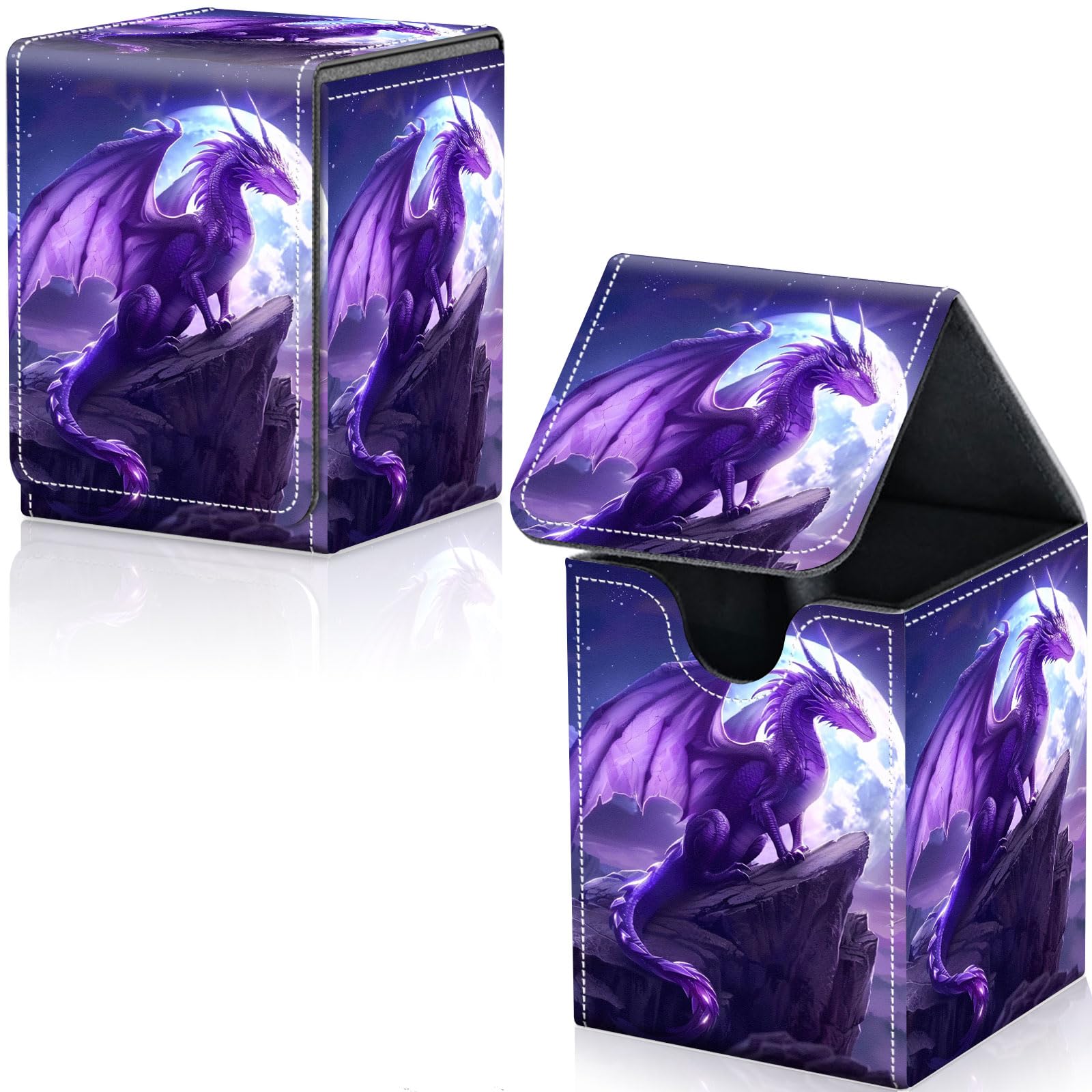 Qindaiwen Card Deck Box for Trading Cards, MTG Deck Box Fits 100+ Single Sleeved Cards, PU Leather Strong Magnet Card Deck Case Holder for Magic Commander TCG CCG, Purple Dragon