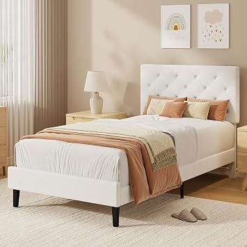 HOMBCK Single Bed Frame, 90 x 190 cm, with Adjustable Upholstered Headboard, Heavy Duty 256kg Weight Capacity, Easy Assembly, No Box Spring Needed, White
