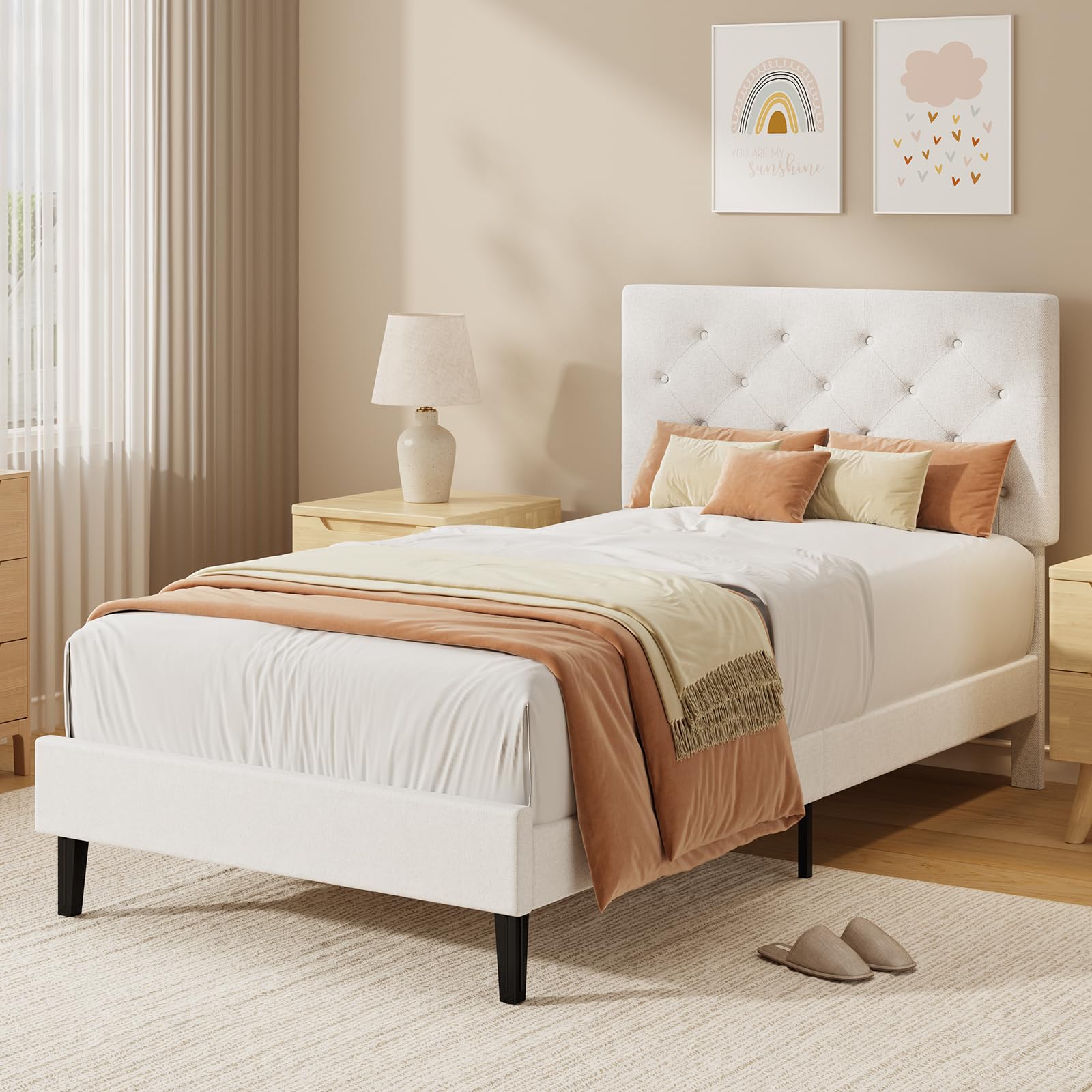 HOMBCK Single Bed Frame, 90 x 190 cm, with Adjustable Upholstered Headboard, Heavy Duty 256kg Weight Capacity, Easy Assembly, No Box Spring Needed, White