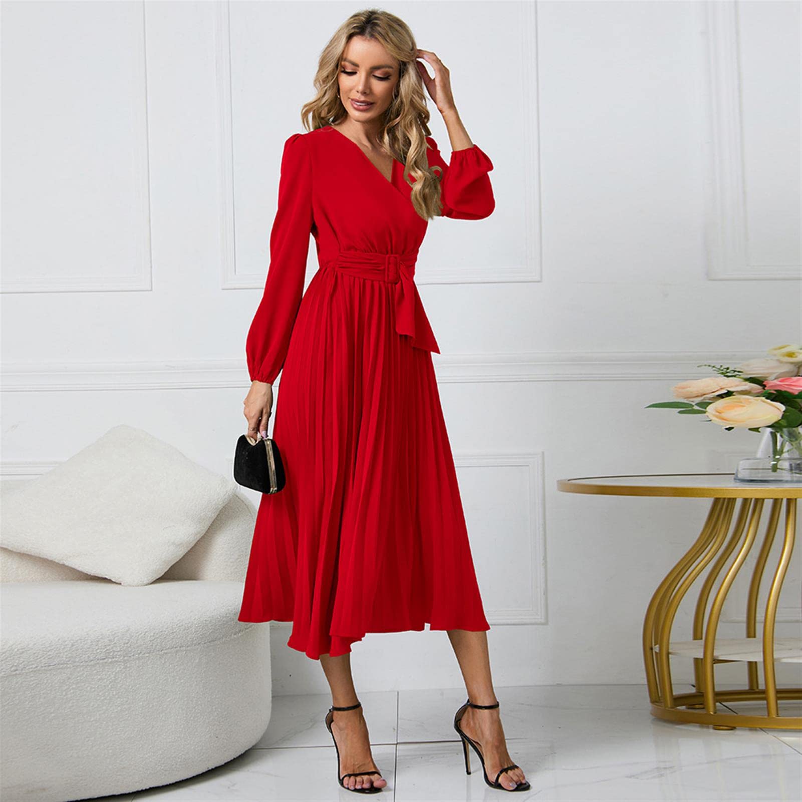 Vestidos para Mujer, Vestidos para Mujer, Manga Larga, Corte Ajustado, Cuello en V, Vestido Plisado, Falda Larga de Color sólido, Falda Acampanada para Fiesta