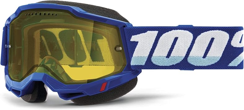100% Accuri 2 Snowmobile Anti-Fog Goggles - Powersport Racing Protective Eyewear BLUE - Yellow Vented Dual Lens