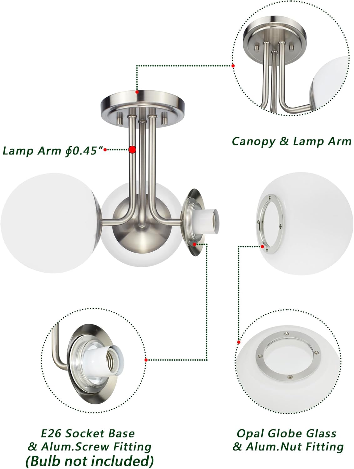 3 Light Semi Flush Mount Ceiling Light Fixture Brushed Nickel, Modern Globe Chandelier, Sputnik Farmhouse Lighting for Kitchen Bedroom Bathroom Living Room Corridor Laundry Room Bar …