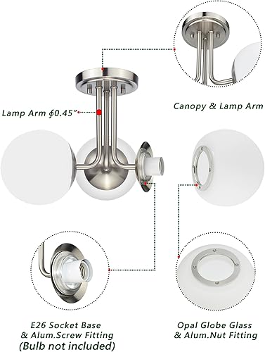 Miniatura 5 de Hanaloa Lámpara de techo semiempotrada de 3 luces, níquel cepillado, lámpara de araña moderna de globo, iluminación Sputnik para cocina, dormitorio,