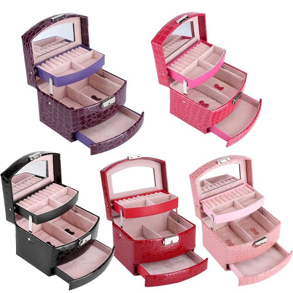 Yosoo 3 strati Jewelry Box con specchio e manico per collane, anelli, collana, ciondoli, spille Storage Rose Red