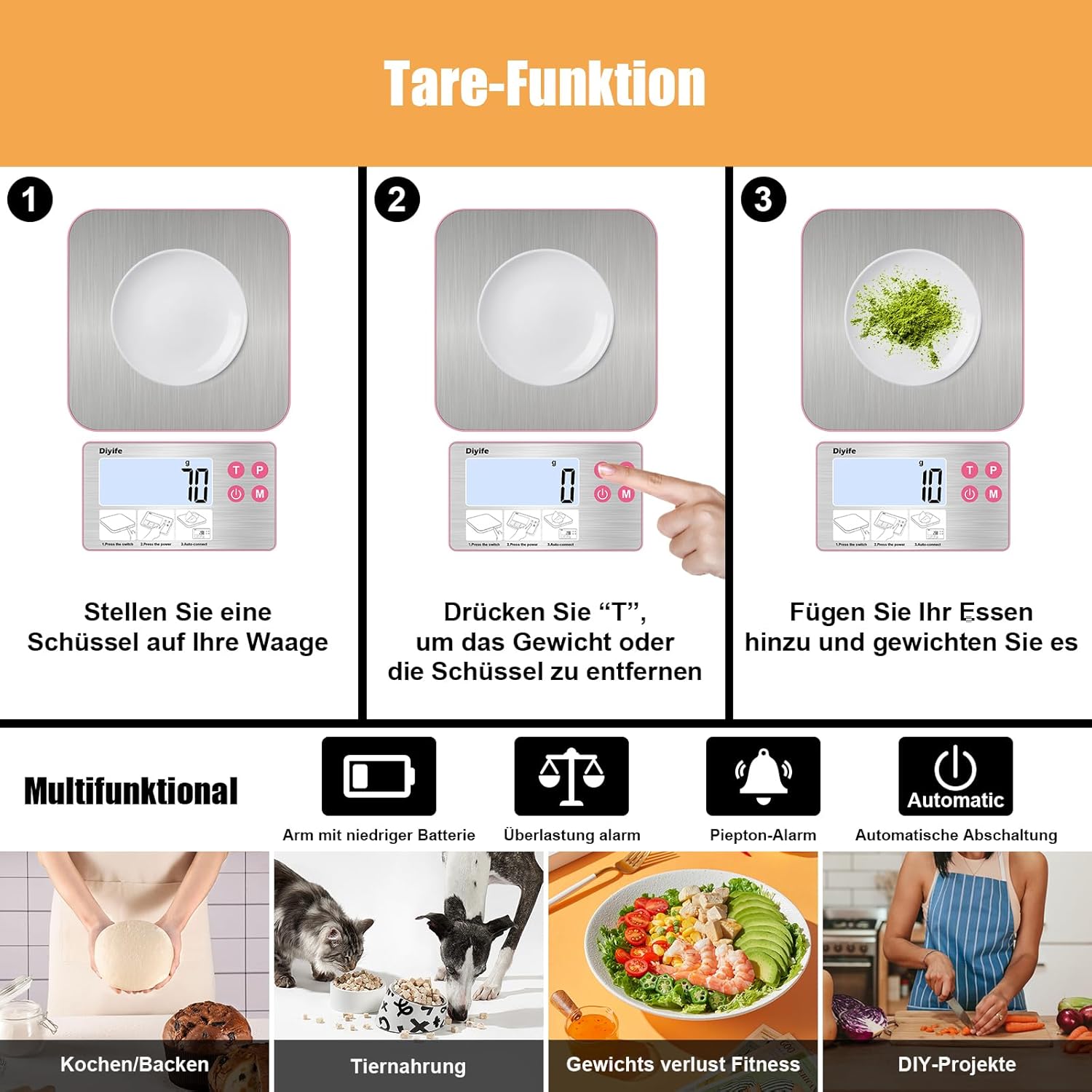 Icons representing various functions of the Diyife Kitchen Scale: low battery, overload alarm, beep alarm, automatic shut-off, and applications like cooking, pet food, weight loss, and DIY projects.